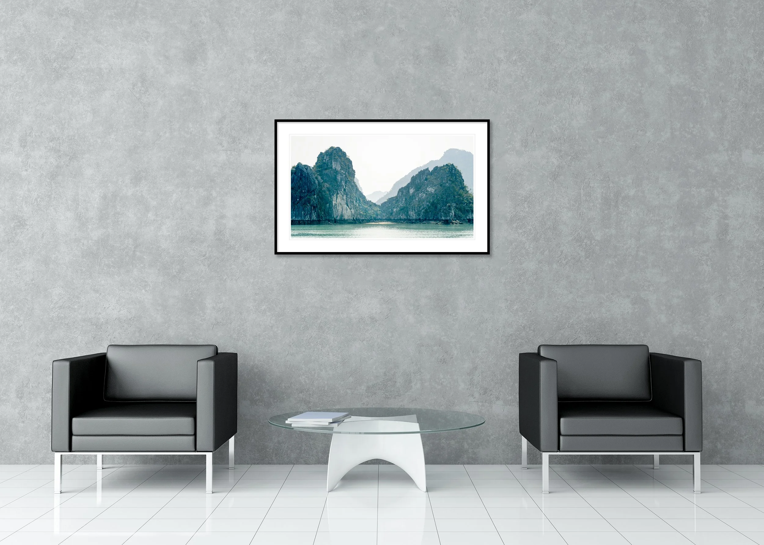 Hidden Beach and Green Hills – Ha Long Bay, archival pigment print in a black aluminium frame with a white mount in a modern interior.