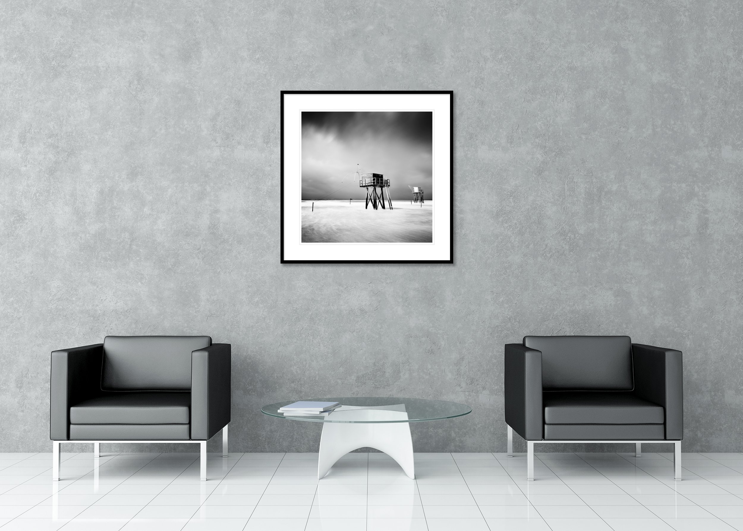 Fishing Hut on Stilts Study 1 displayed in a modern interior as an archival pigment print in a black aluminium frame with a white mount by Gerald Berghammer.