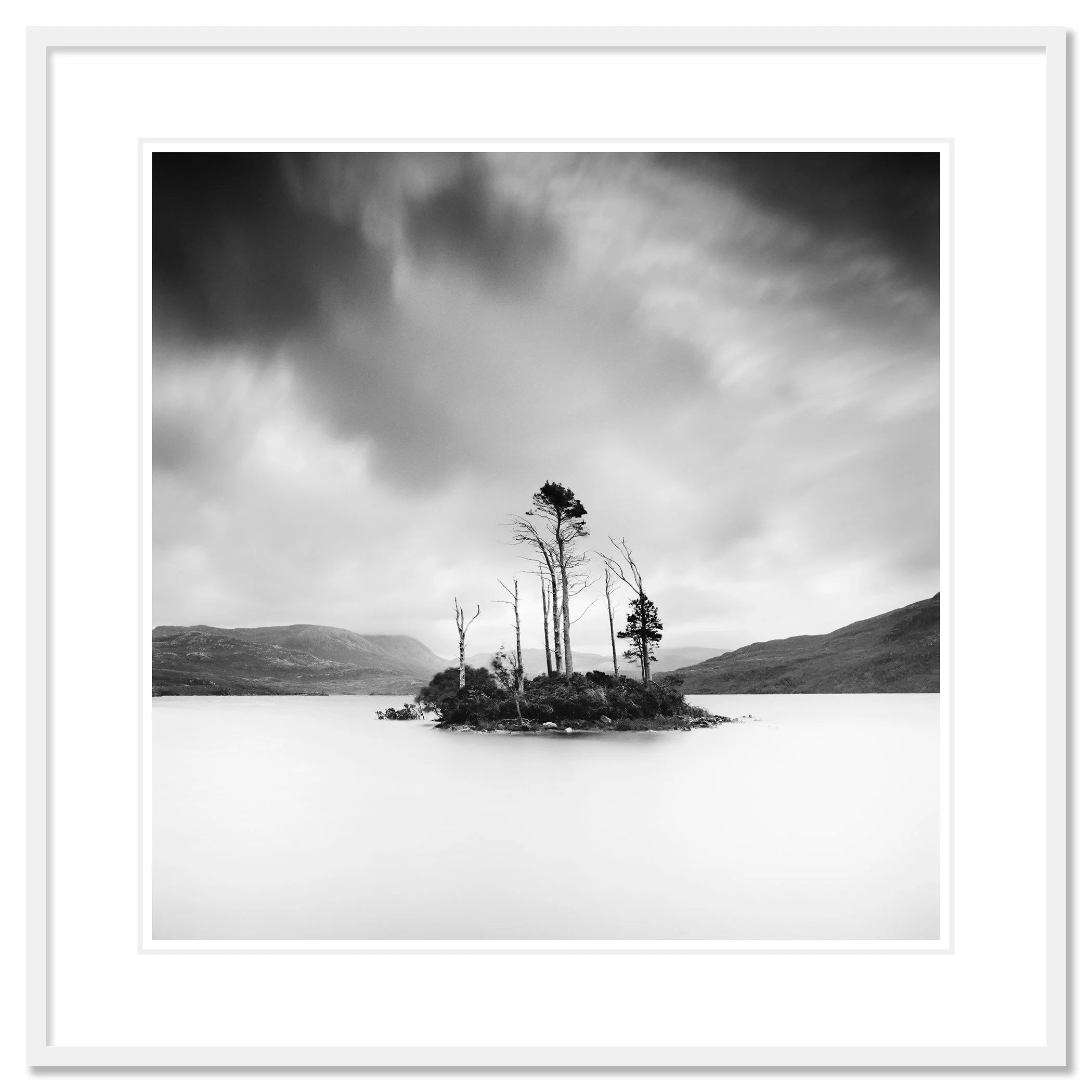 Drowned Island Study 1 shown in a white aluminium frame with a white mount by Gerald Berghammer.