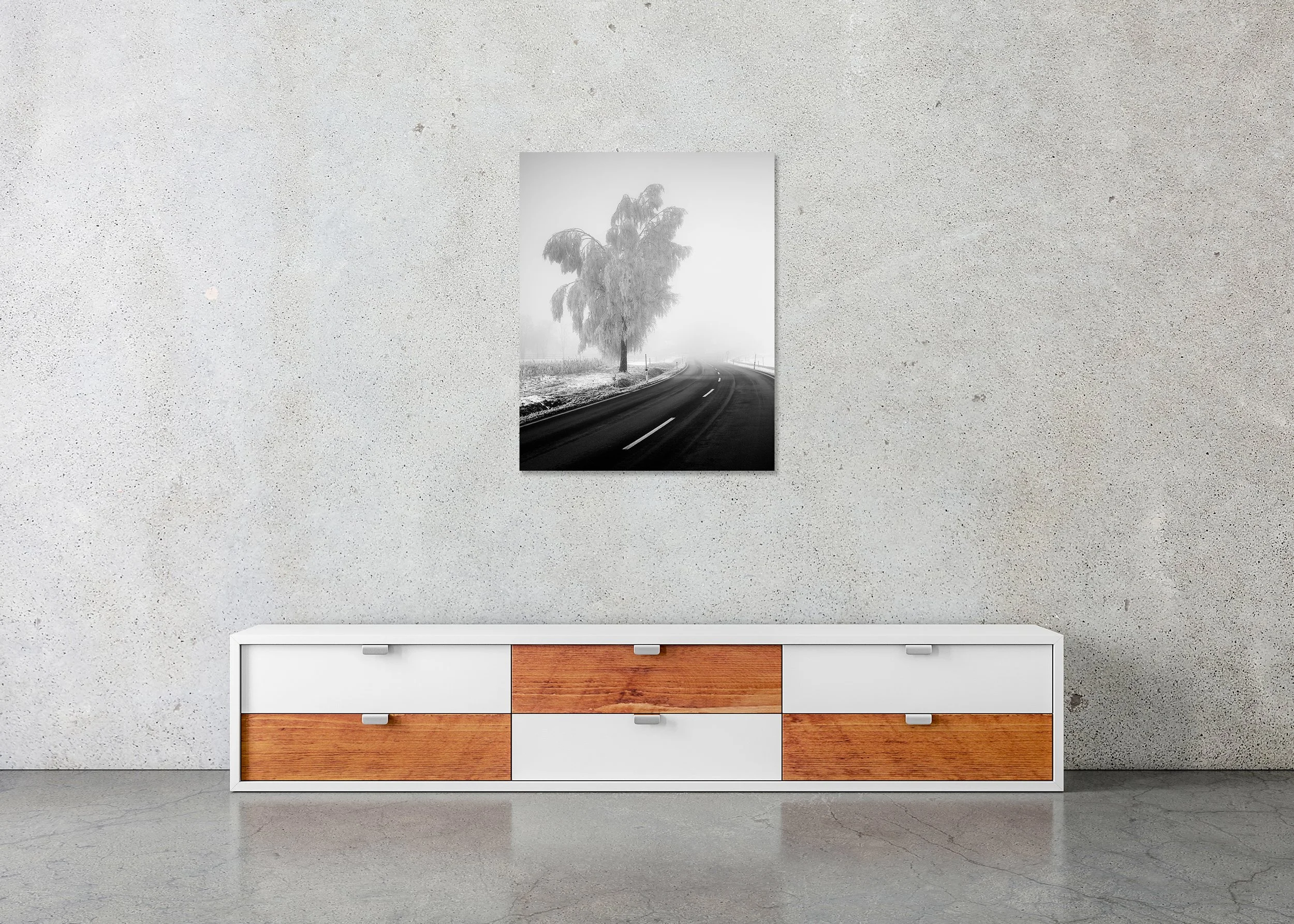Black and white photo print of a frosted roadside tree and curving road in heavy fog, mounted to Dibond with a frameless finish