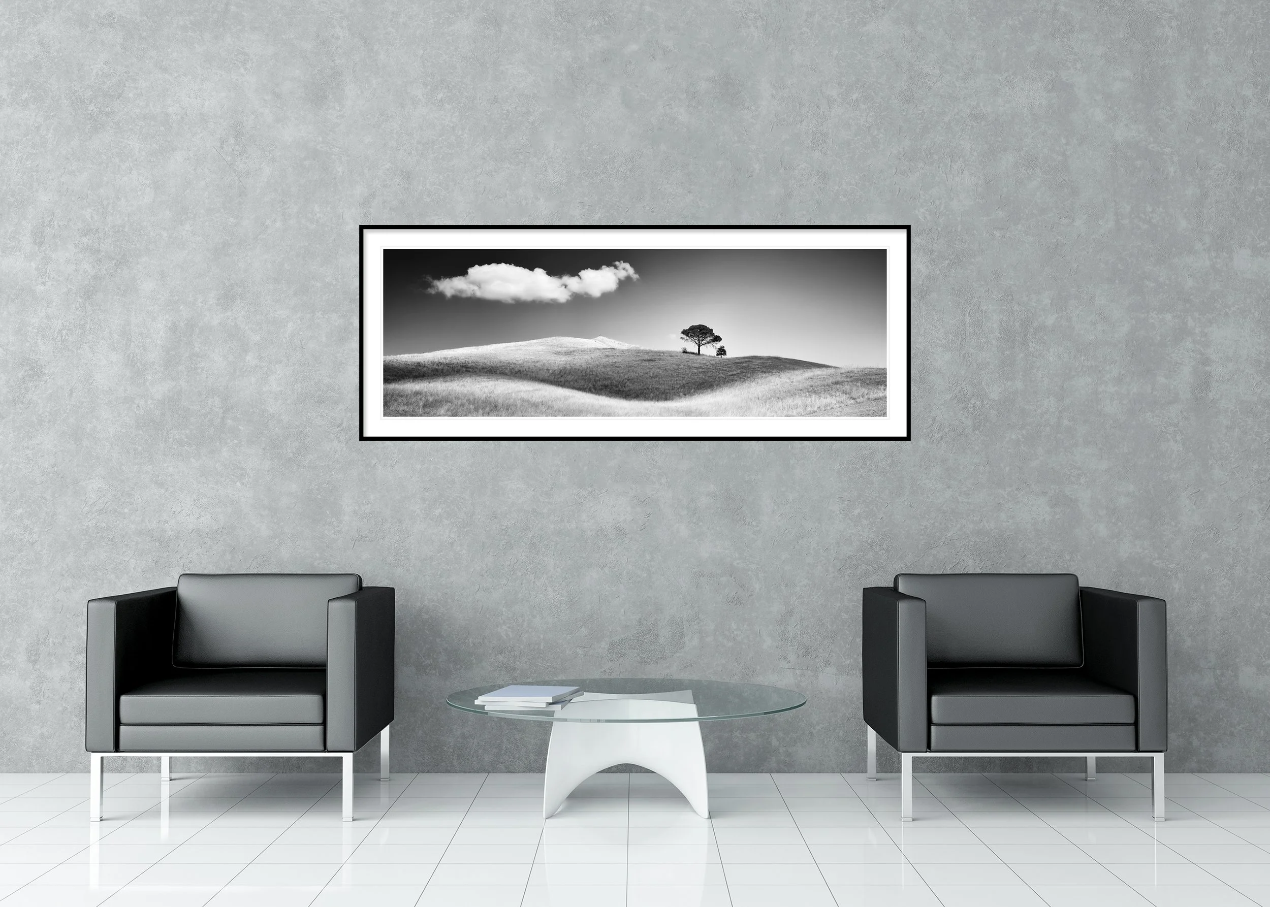 Panoramic Tuscany landscape in Italy with Italian stone pines, rolling countryside, distant hills and soft haze, archival pigment print in a classic frame with mount.