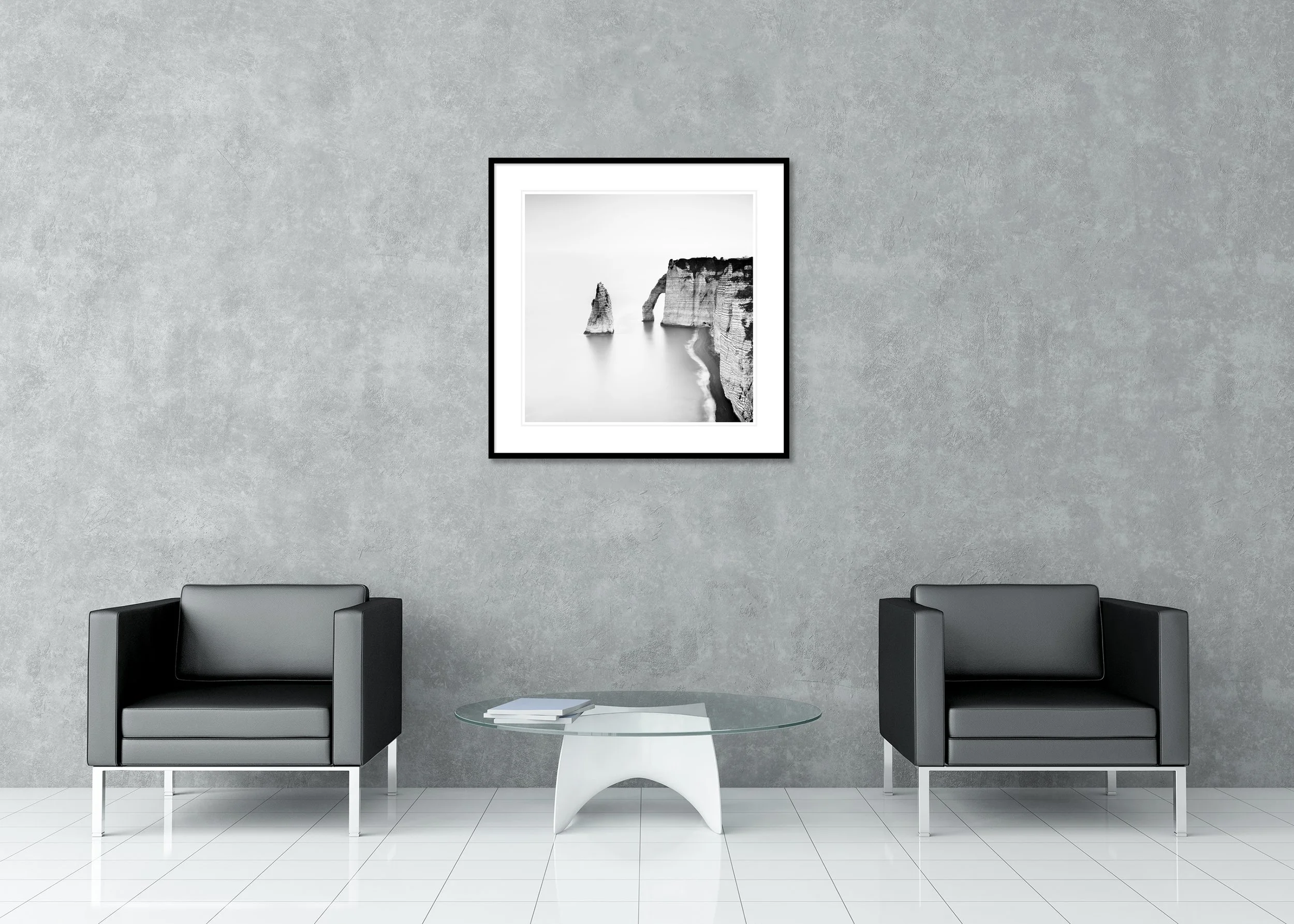 The Cliffs of Étretat, Study 1, displayed as a black-and-white archival pigment print in a classic frame with white mount