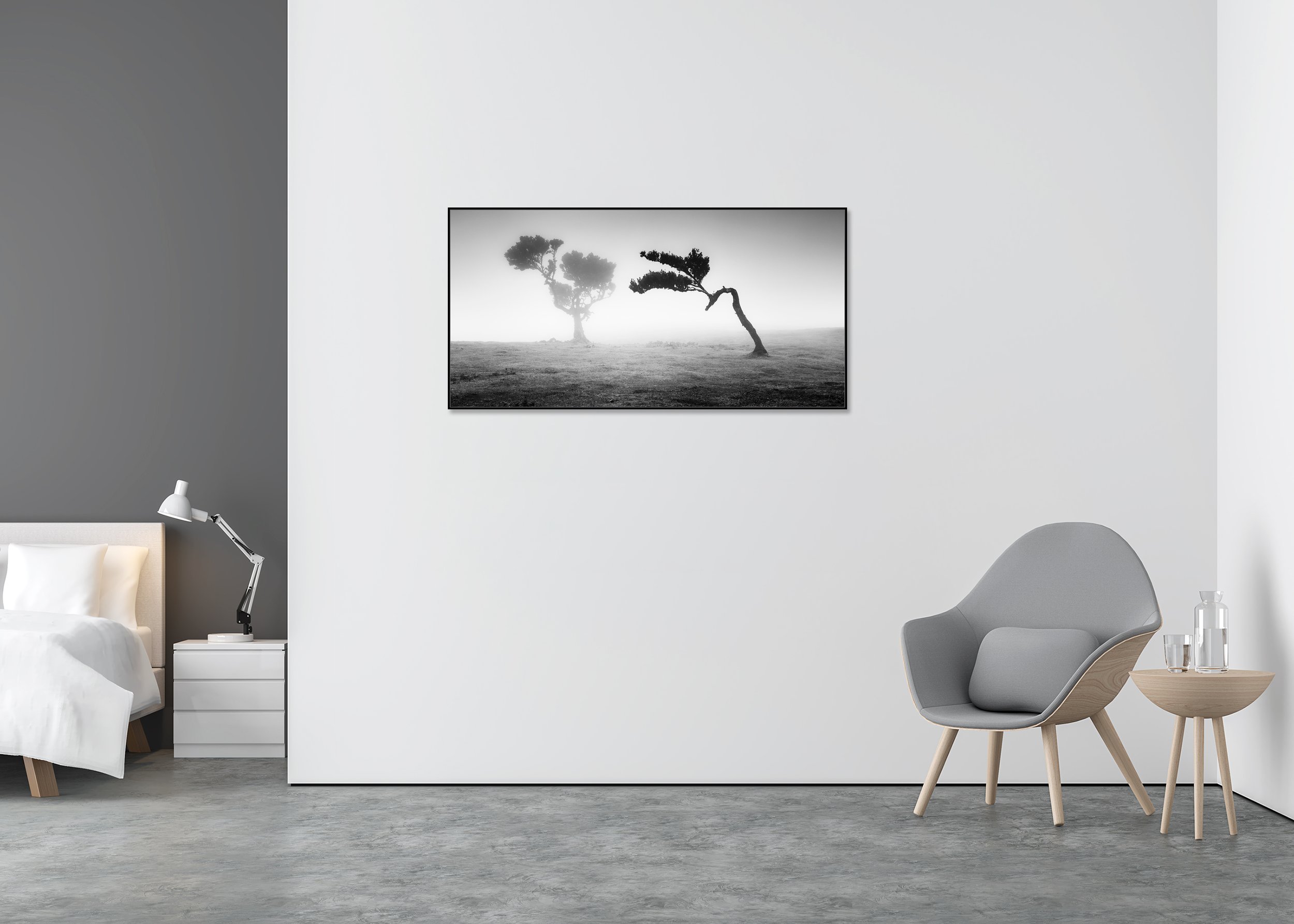 Two Trees in the Mist Panorama by Gerald Berghammer displayed in a contemporary interior in a black aluminium ArtBox frame.