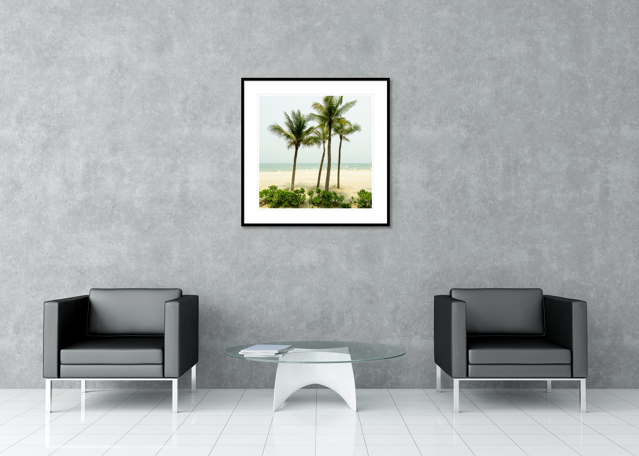 Turquoise Water with Palm Trees Study 1 displayed in a modern interior as an archival pigment print in a black aluminium frame with a white mount.