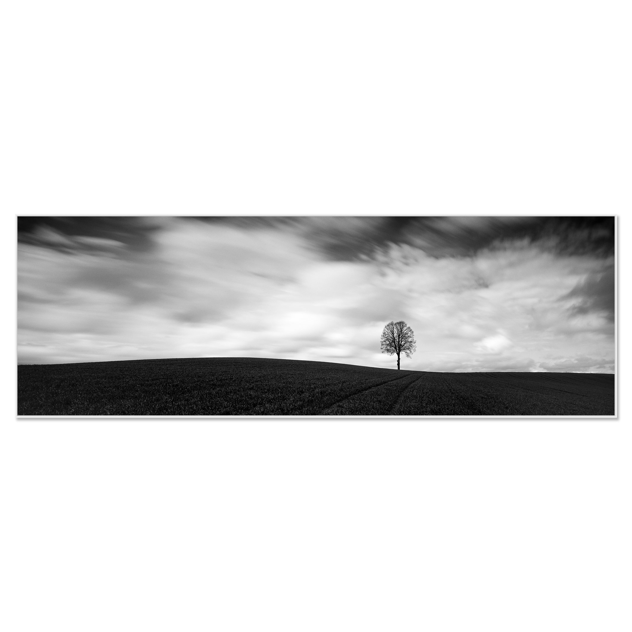 Farmland Panorama Study 1 shown as a black-and-white Dibond print in a white aluminium ArtBox by Gerald Berghammer.