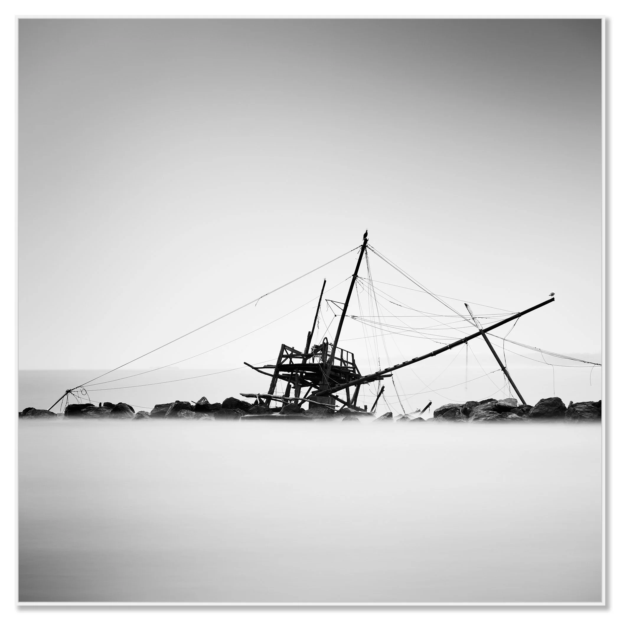 An abandoned fishing hut at Bocca d’Arno captured in black and white, with still water and a quiet coastal atmosphere – framed ArtBox white