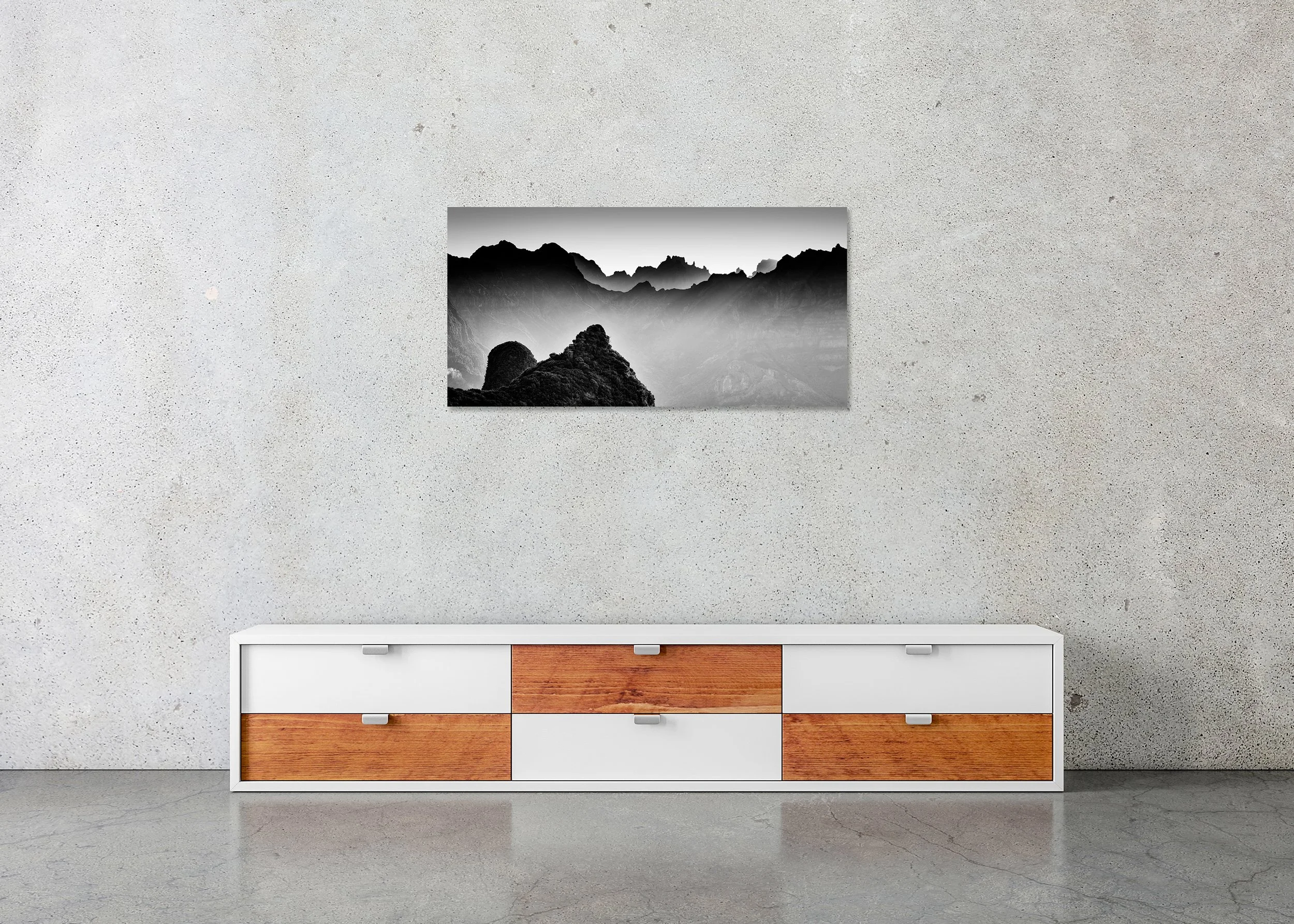 Morning Light in the Mountains Study 3 by Gerald Berghammer displayed as a frameless aluminium Dibond artwork above a low cabinet.