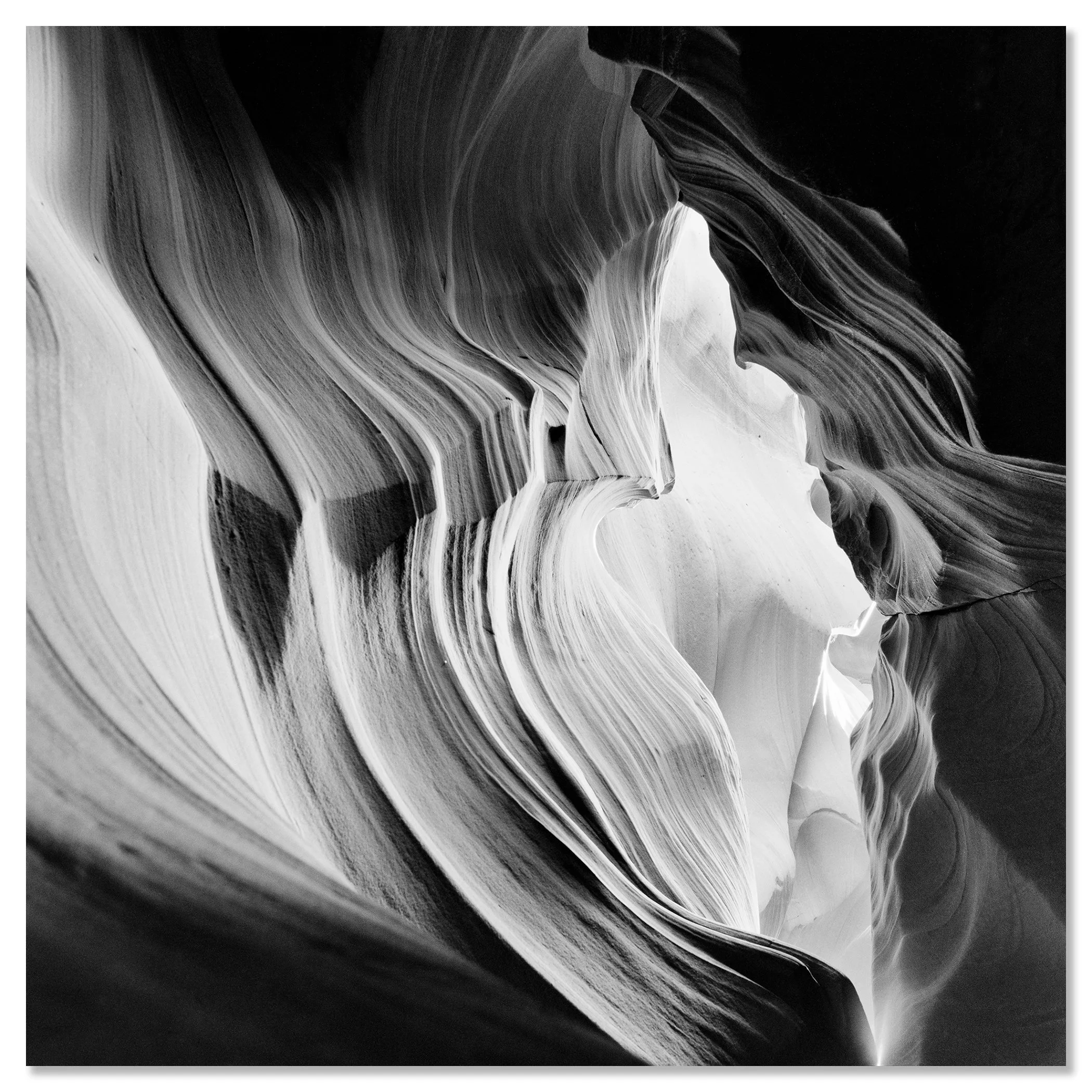 Abstract monochrome view of Antelope Canyon with layered sandstone textures and soft desert light – dibond frameless