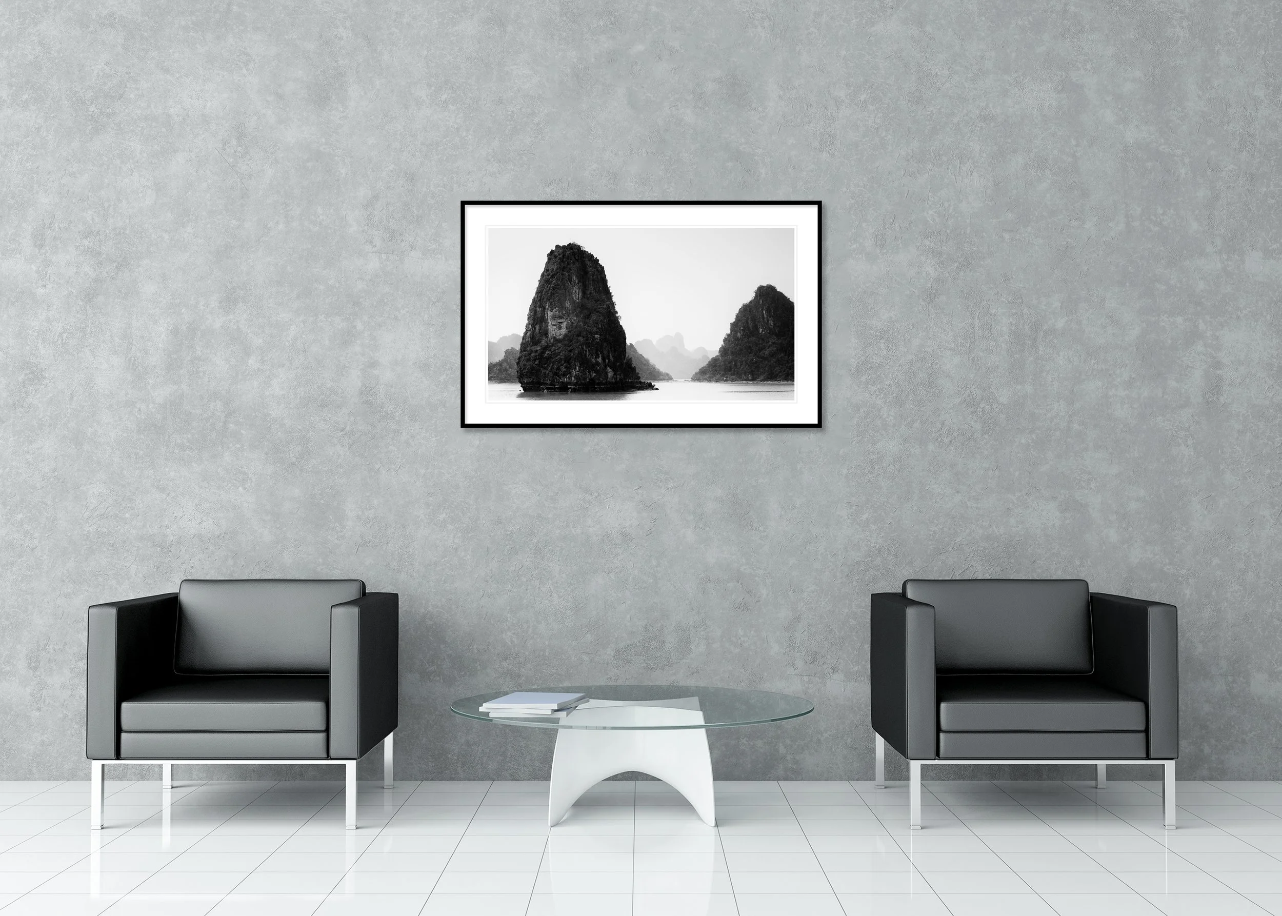 Ha Long Bay Panorama, Study 1 displayed in a modern interior on aluminium Dibond in a black ArtBox frame by Gerald Berghammer.