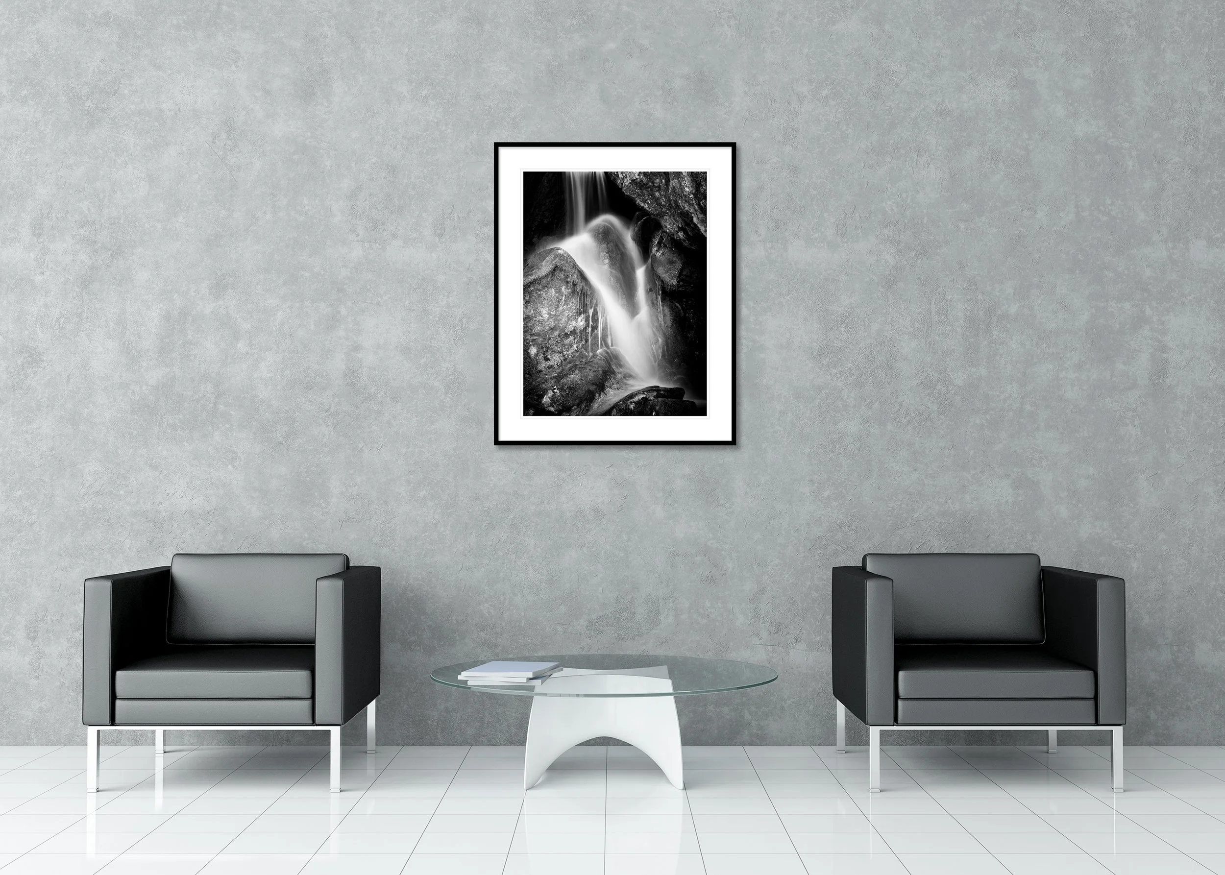Waterfall Detail Study 1 – Austria, archival pigment print in a black aluminium frame with a white mount.