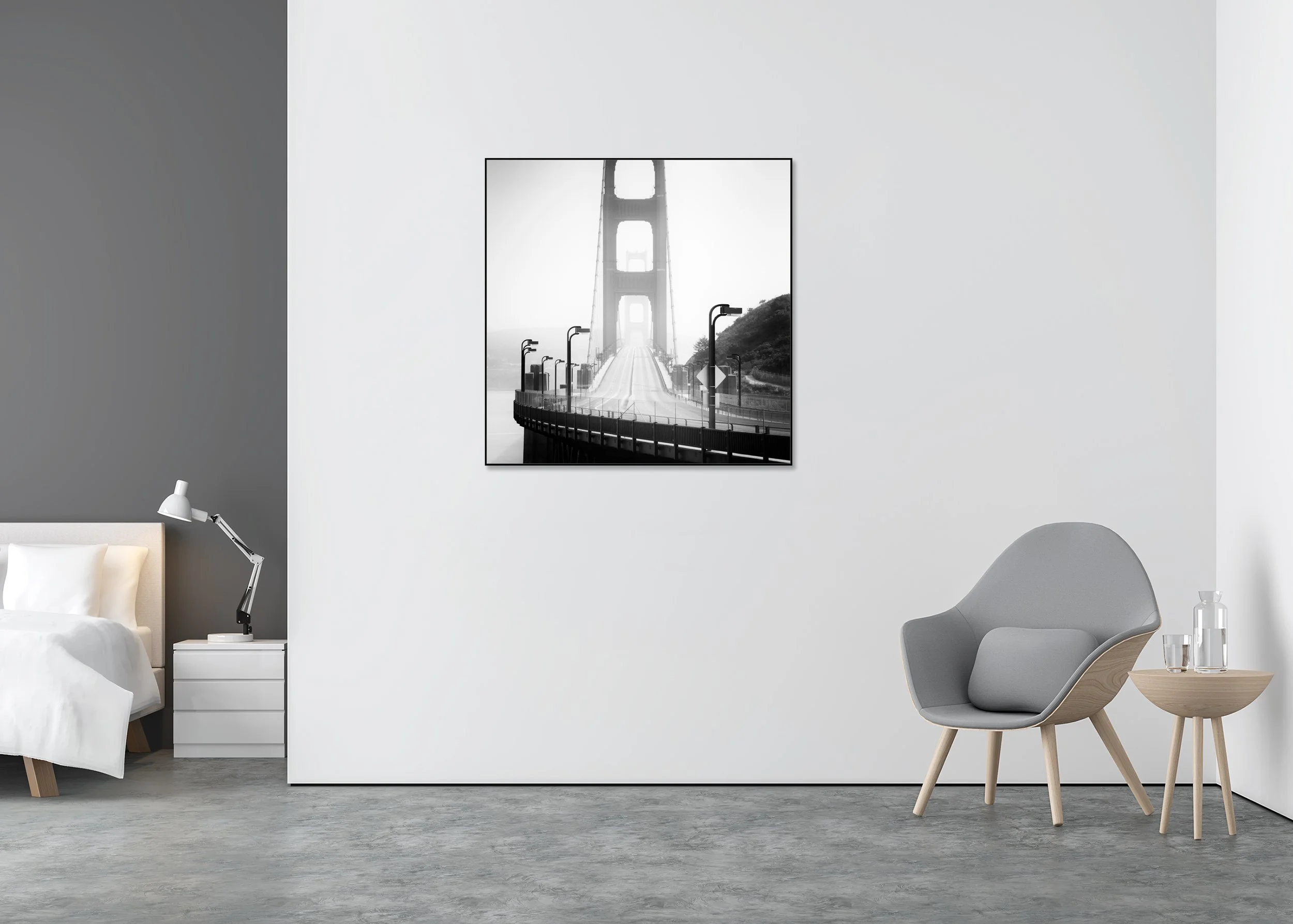 Golden Gate Bridge Study 7 displayed in a modern interior as a black-and-white Dibond print in a black aluminium ArtBox frame by Gerald Berghammer.