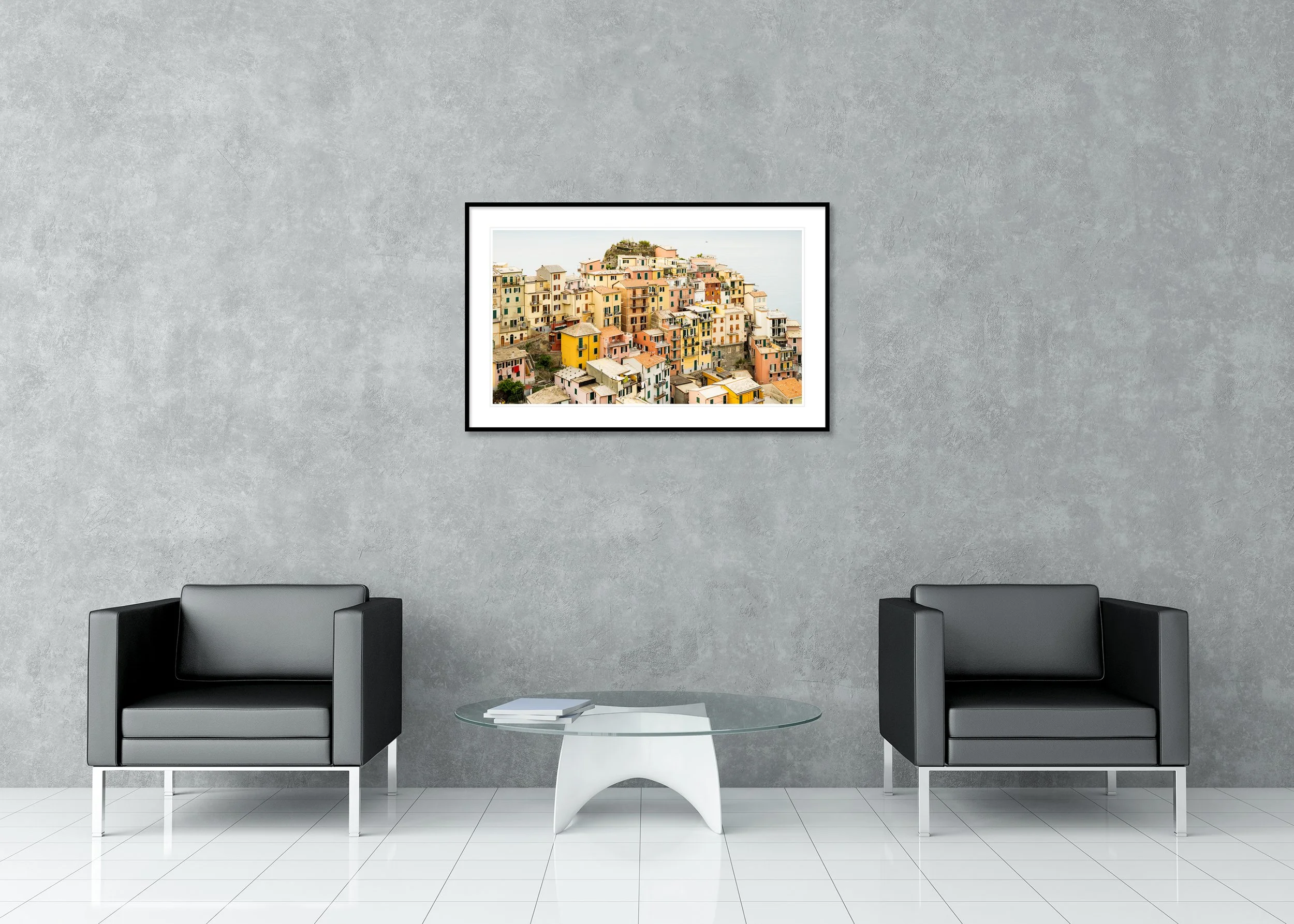 Traditional Mediterranean architecture in Cinque Terre, Italy, archival pigment print in a classic frame with a mount