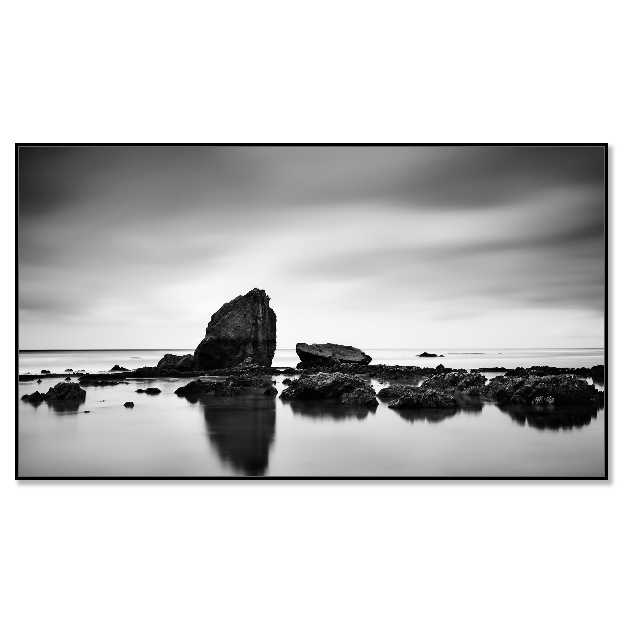 Beach Rock Panorama Study 2 – France, black-and-white photograph in a black aluminium ArtBox frame