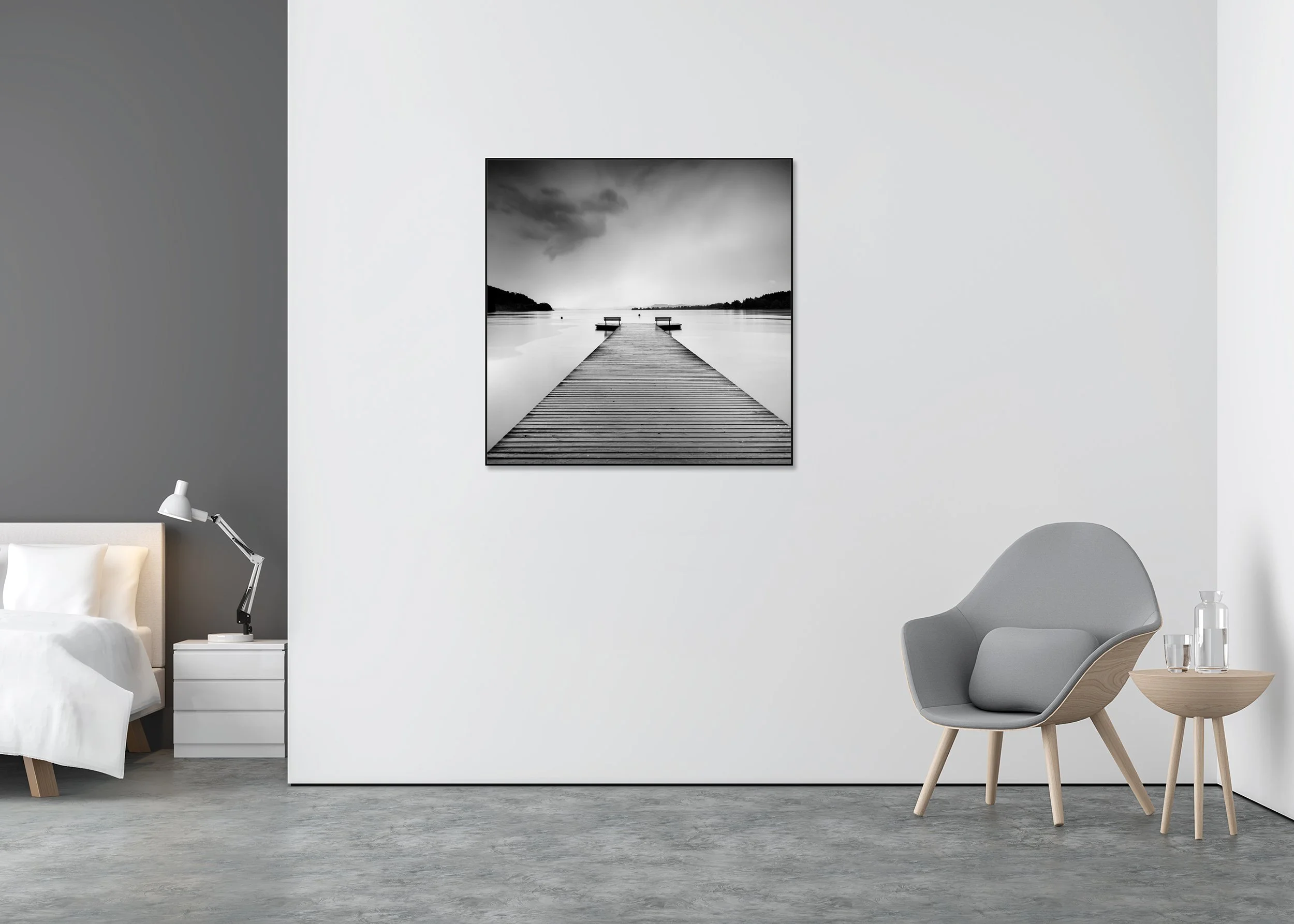 Lakeside Wooden Jetty, Study 1 – black-and-white Dibond print in a black aluminium ArtBox displayed in a minimalist bedroom.