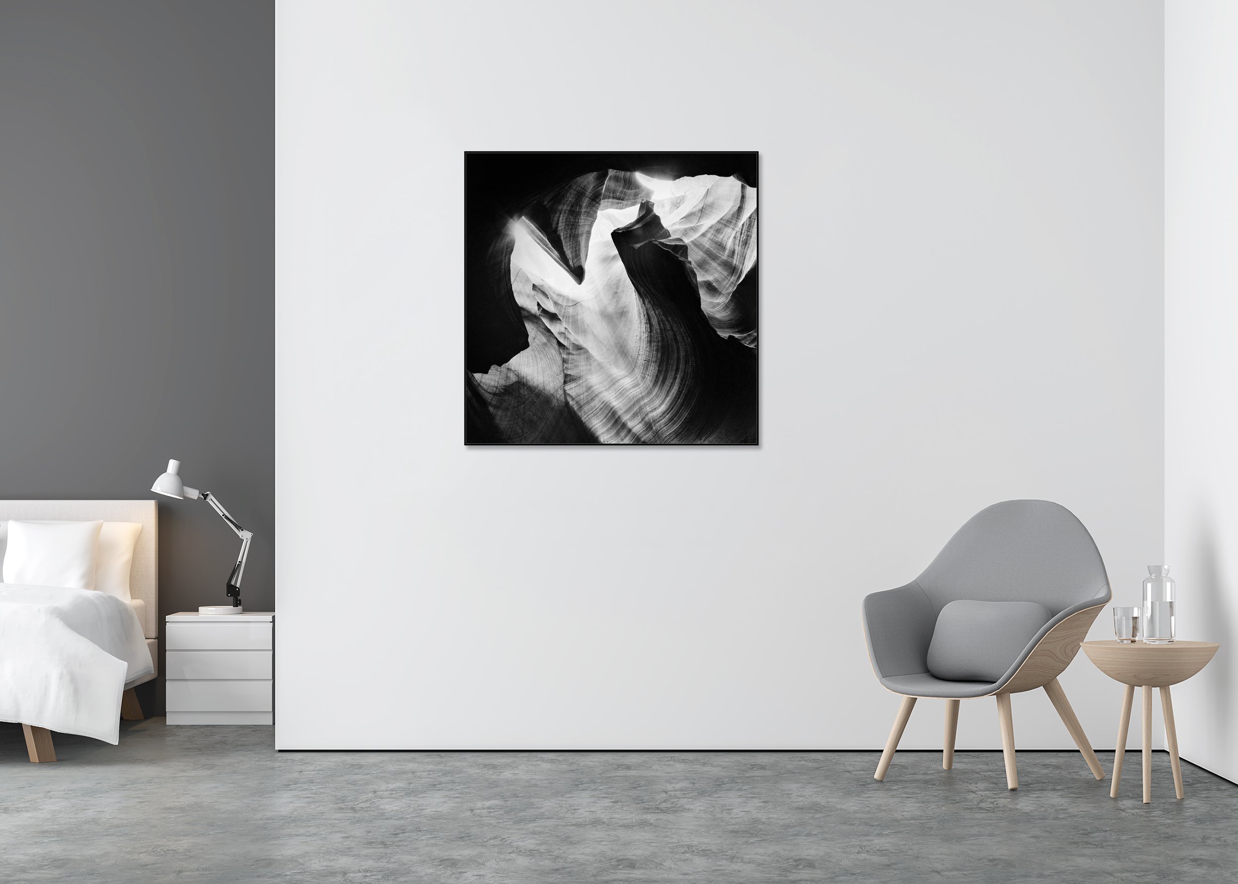 Antelope Canyon Study 4 displayed in a modern interior as a black-and-white Dibond print in an aluminium ArtBox frame by Gerald Berghammer.