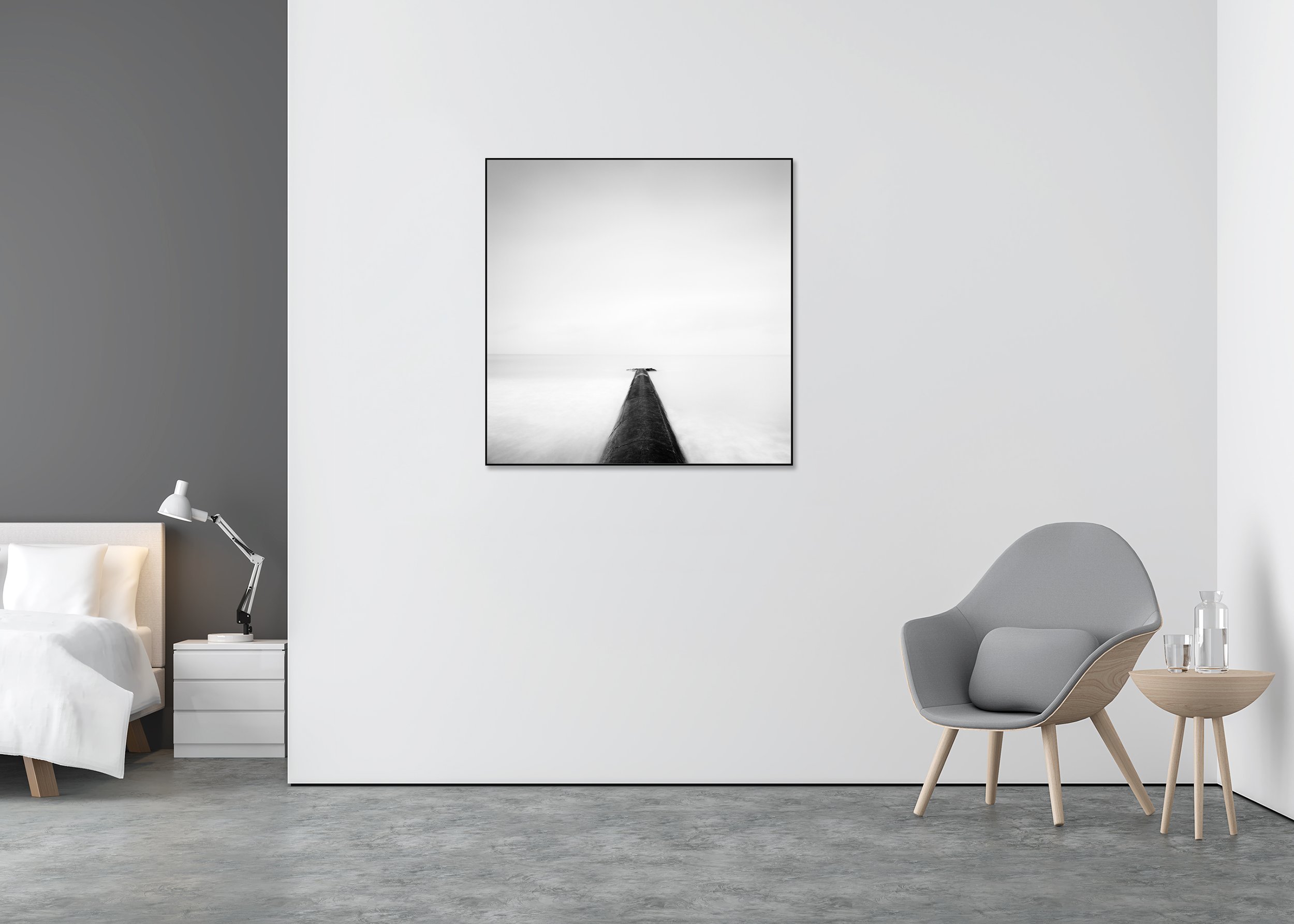 Straight On Study 1 by Gerald Berghammer, a minimalist black-and-white Normandy seascape with a coastal pier, displayed in an aluminium ArtBox frame