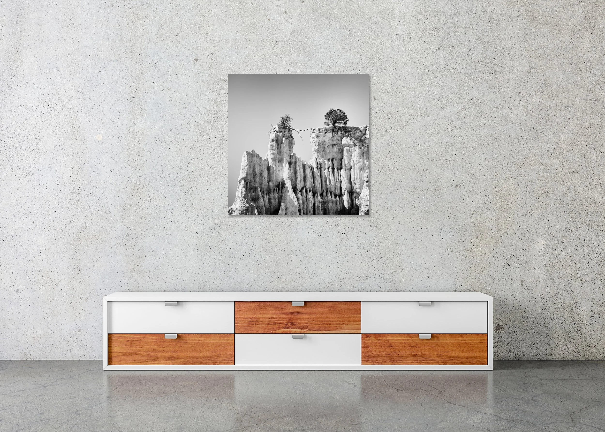 The Organs of Ille-sur-Tet Study 3 displayed in a modern interior as a frameless black-and-white aluminium Dibond print by Gerald Berghammer.