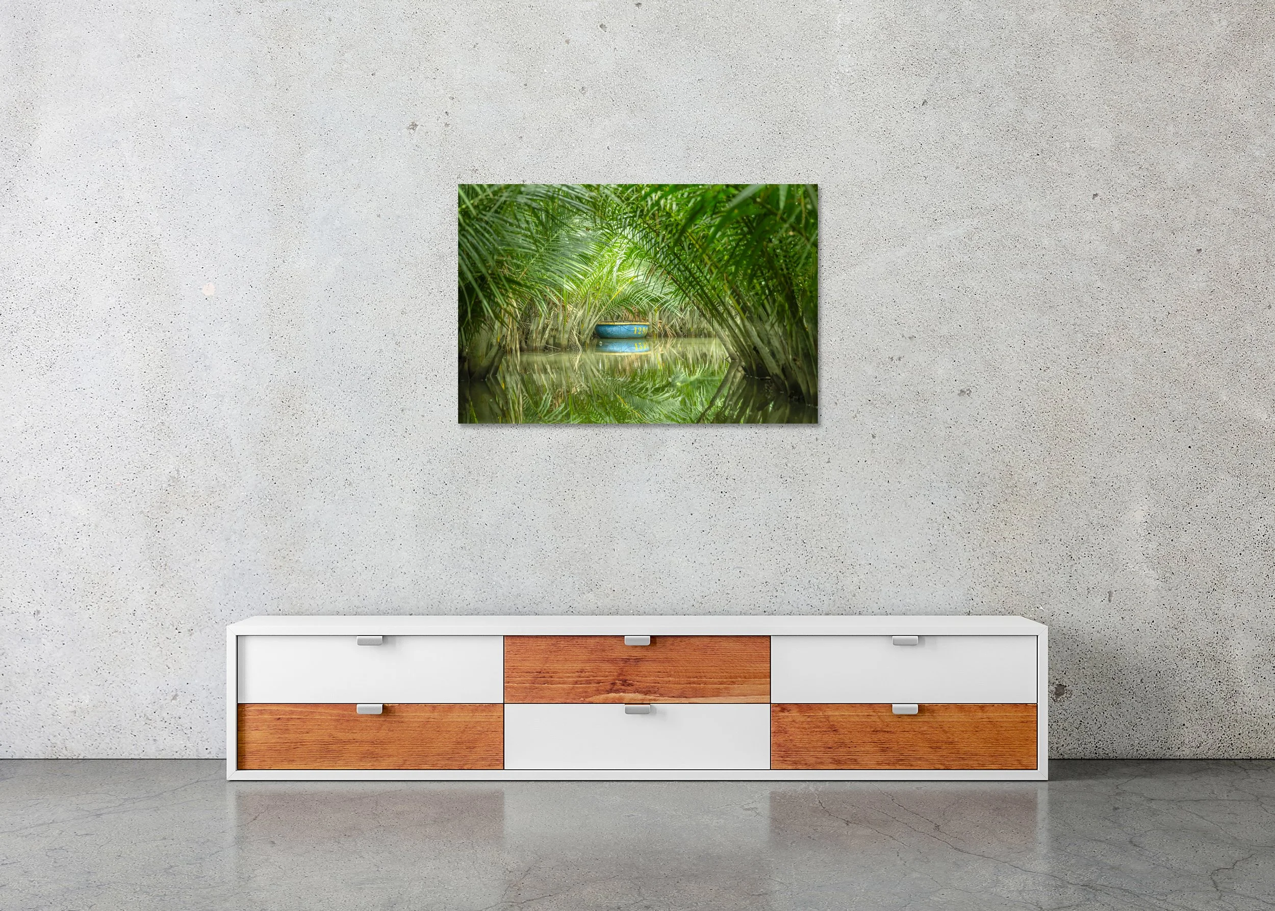 Blue Coconut Boat, Study 1 – Vietnam, frameless colour photograph mounted on aluminium Dibond and displayed in a minimalist interior.