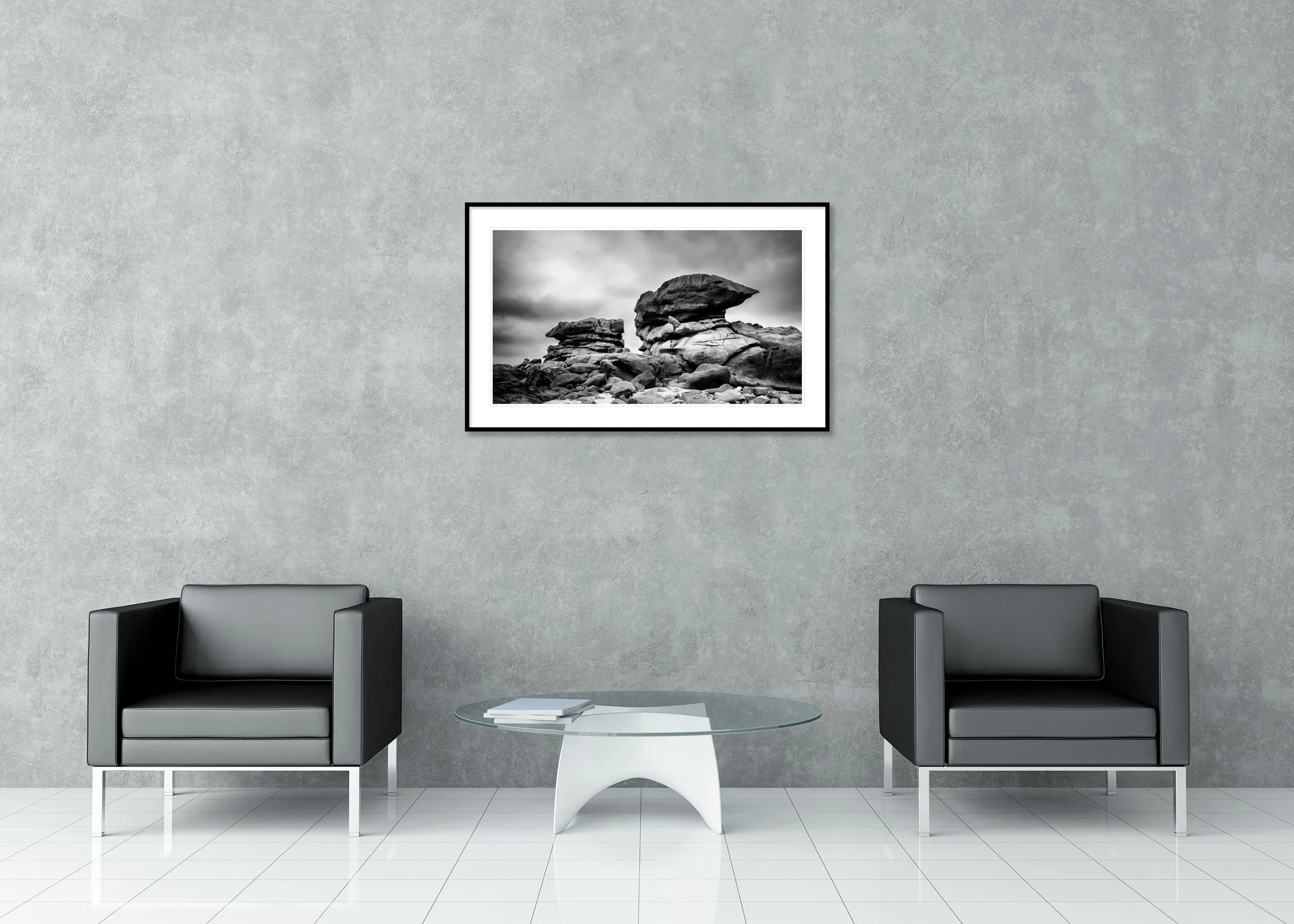 Pink Granite Coast Panorama Study 1 displayed in a modern interior as an archival pigment print in a black aluminium frame with white mount by Gerald Berghammer.