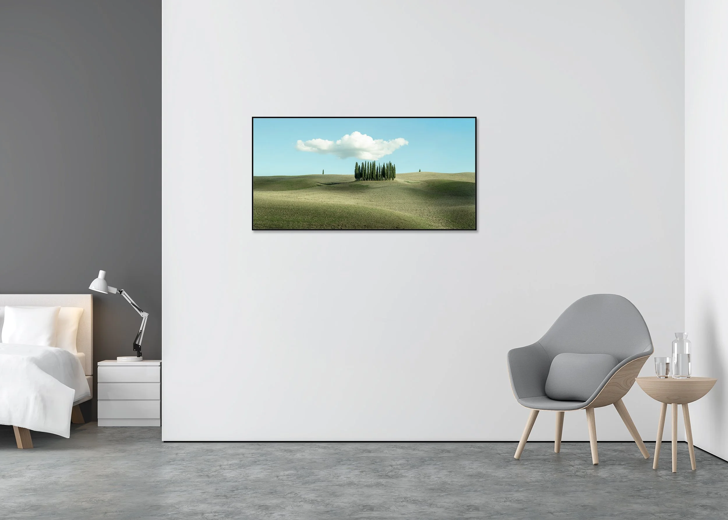 Huge Cloud over Cypress Trees, Tuscany, colour fine art photo print mounted to Dibond in an aluminium ArtBox frame.