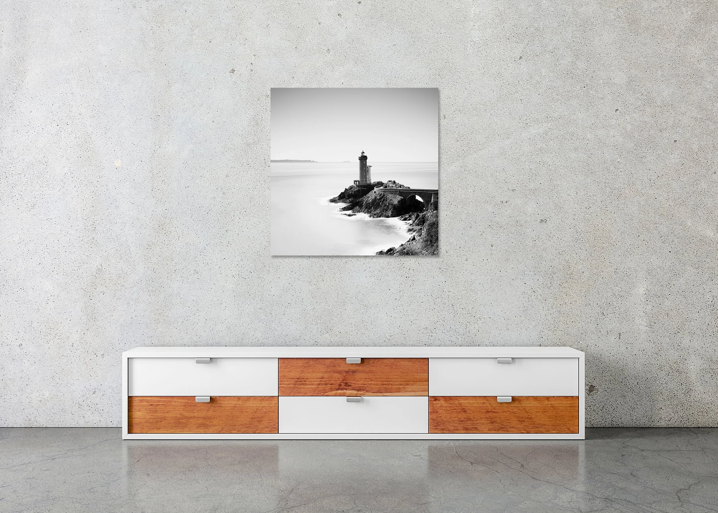 Phare du Petit Minou lighthouse in black and white above calm sea and rugged coastal rocks, photo print mounted to Dibond, frameless