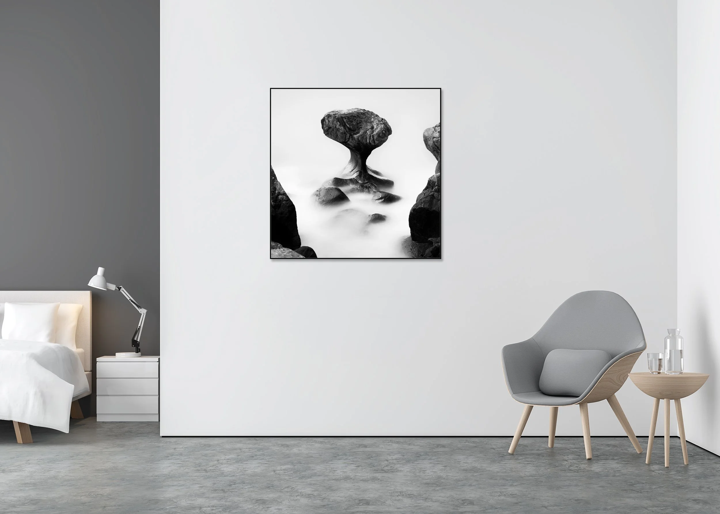 Surreal black and white photo print of a coastal rock formation in soft sea mist, mounted to Dibond in an aluminium ArtBox frame