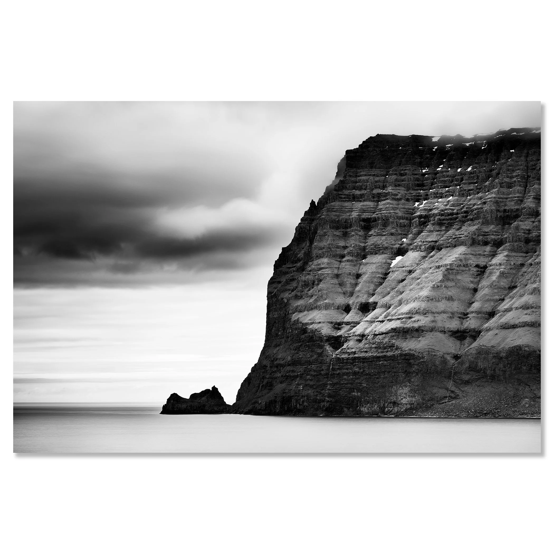 Sea Cliffs Study 2 – Faroe Islands, black-and-white photograph mounted on aluminium Dibond, frameless.