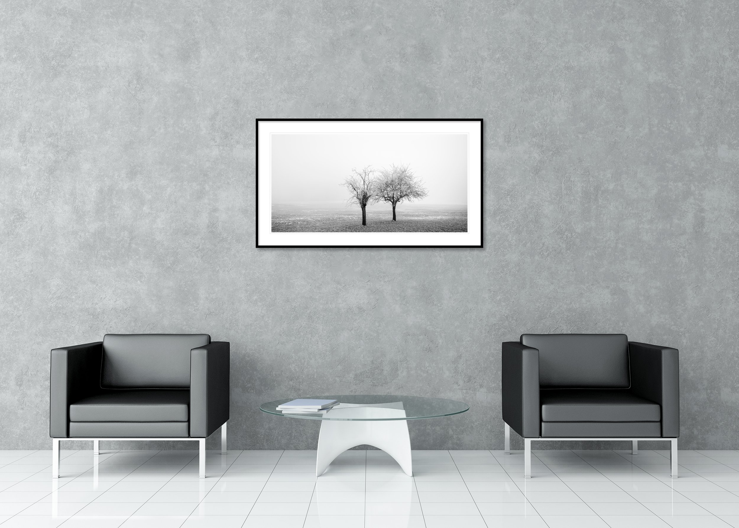 Frozen Trees in a Field Panorama Study 1 displayed in a modern interior as an archival pigment print in a black aluminium frame with a white mount by Gerald Berghammer.