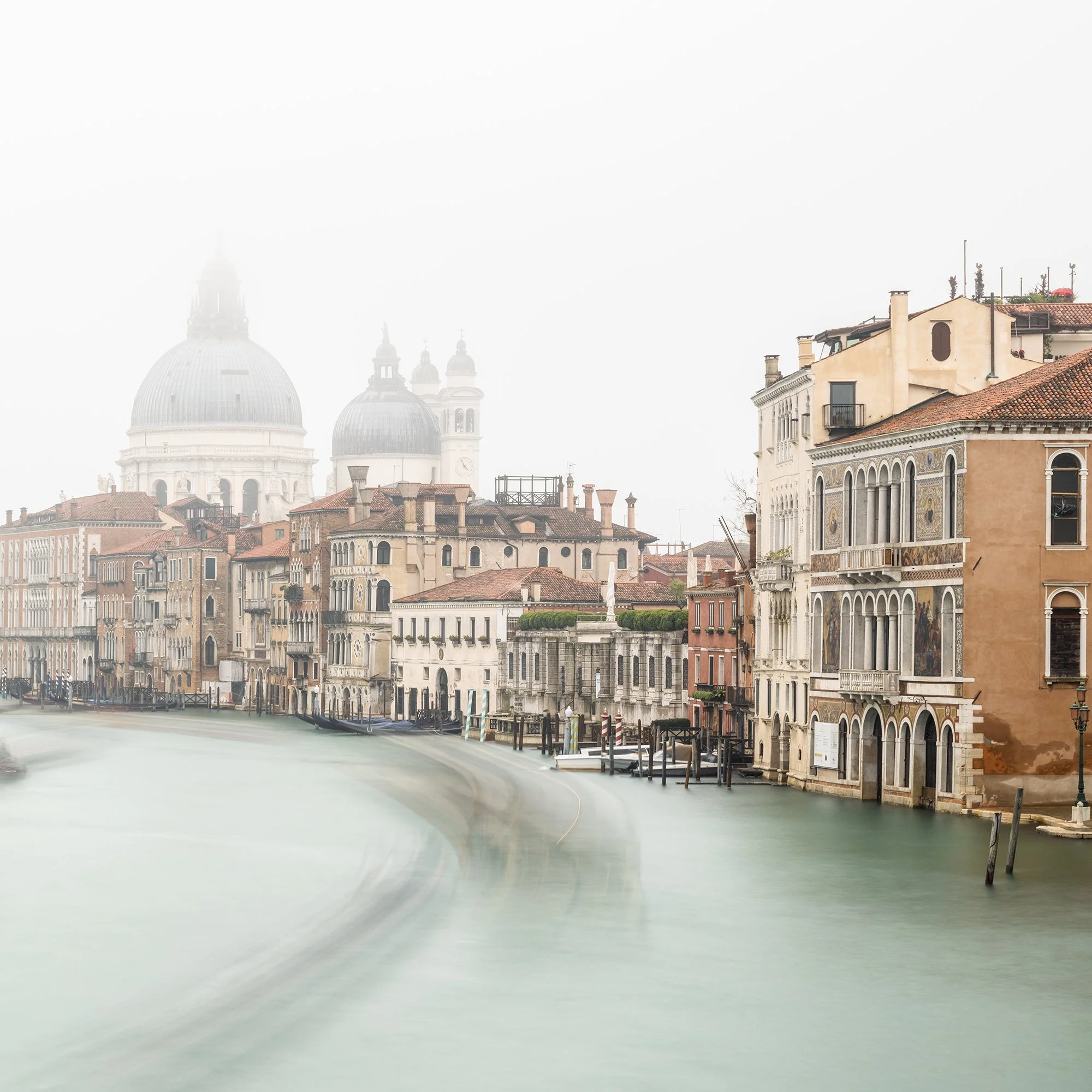 © 2025 Gerald Berghammer - Color cityscape photo. Foggy grand canal with historic buildings on both sides and the domed Basilica di Santa Maria della Salute. Print detail 2