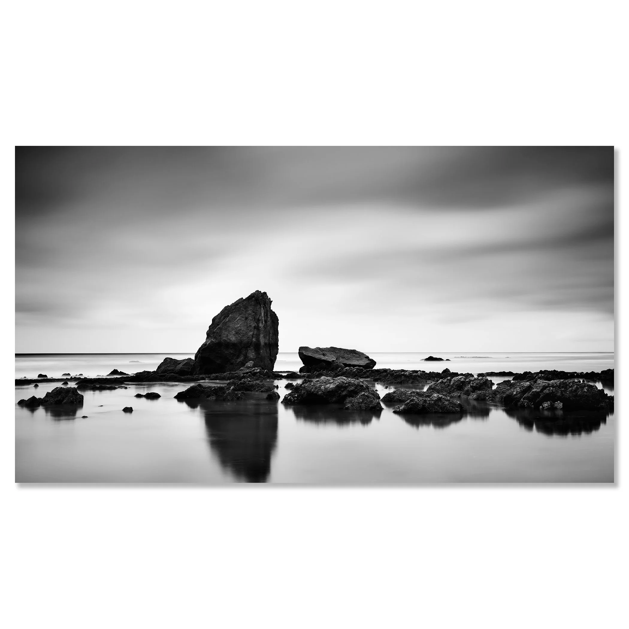 Beach Rock Panorama Study 2 – France, black-and-white photograph mounted on frameless aluminium Dibond