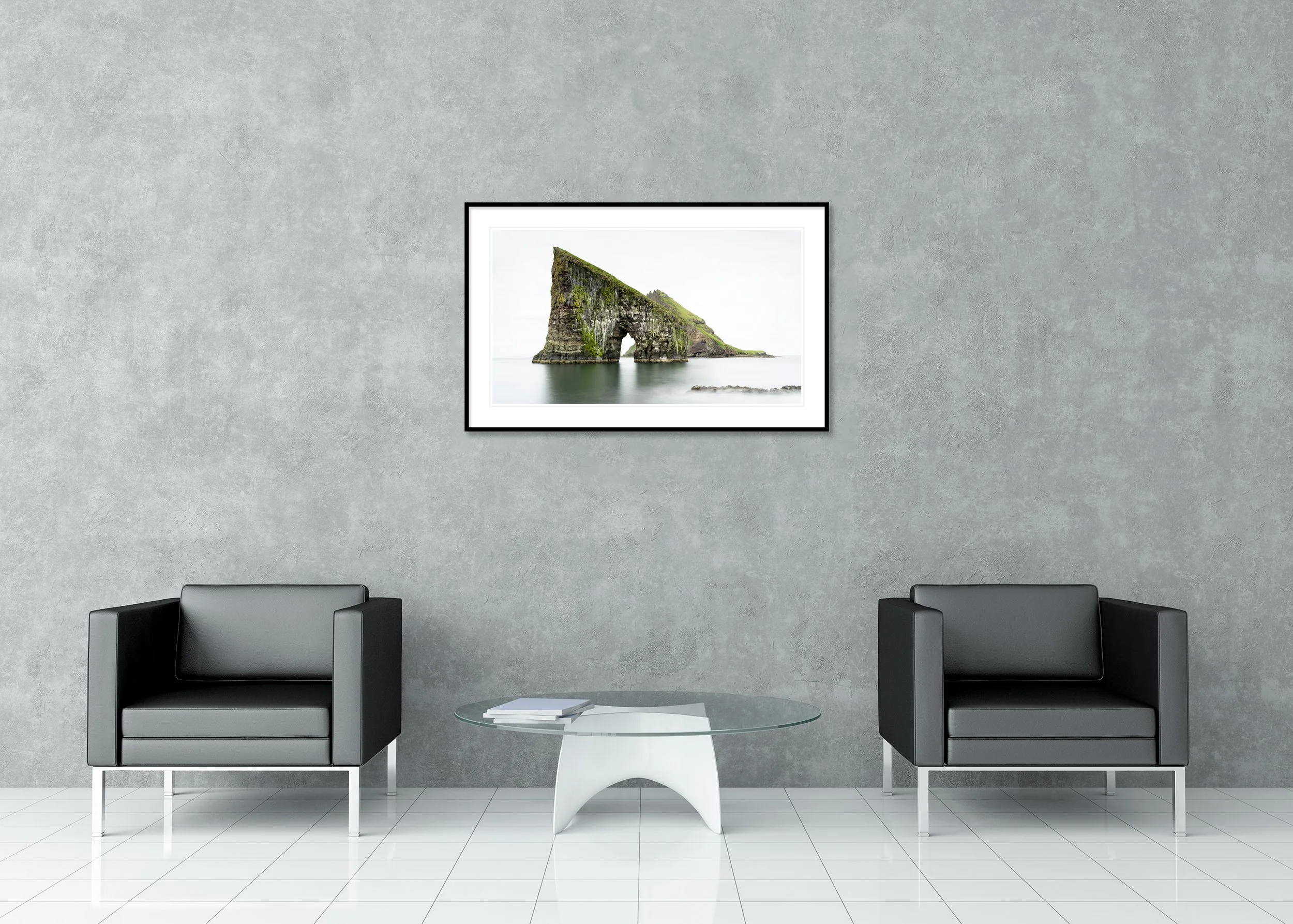 Drangarnir Sea Arch Study 2 – Faroe Islands, black-and-white archival pigment print in a classic frame with a mount and anti-reflective glass