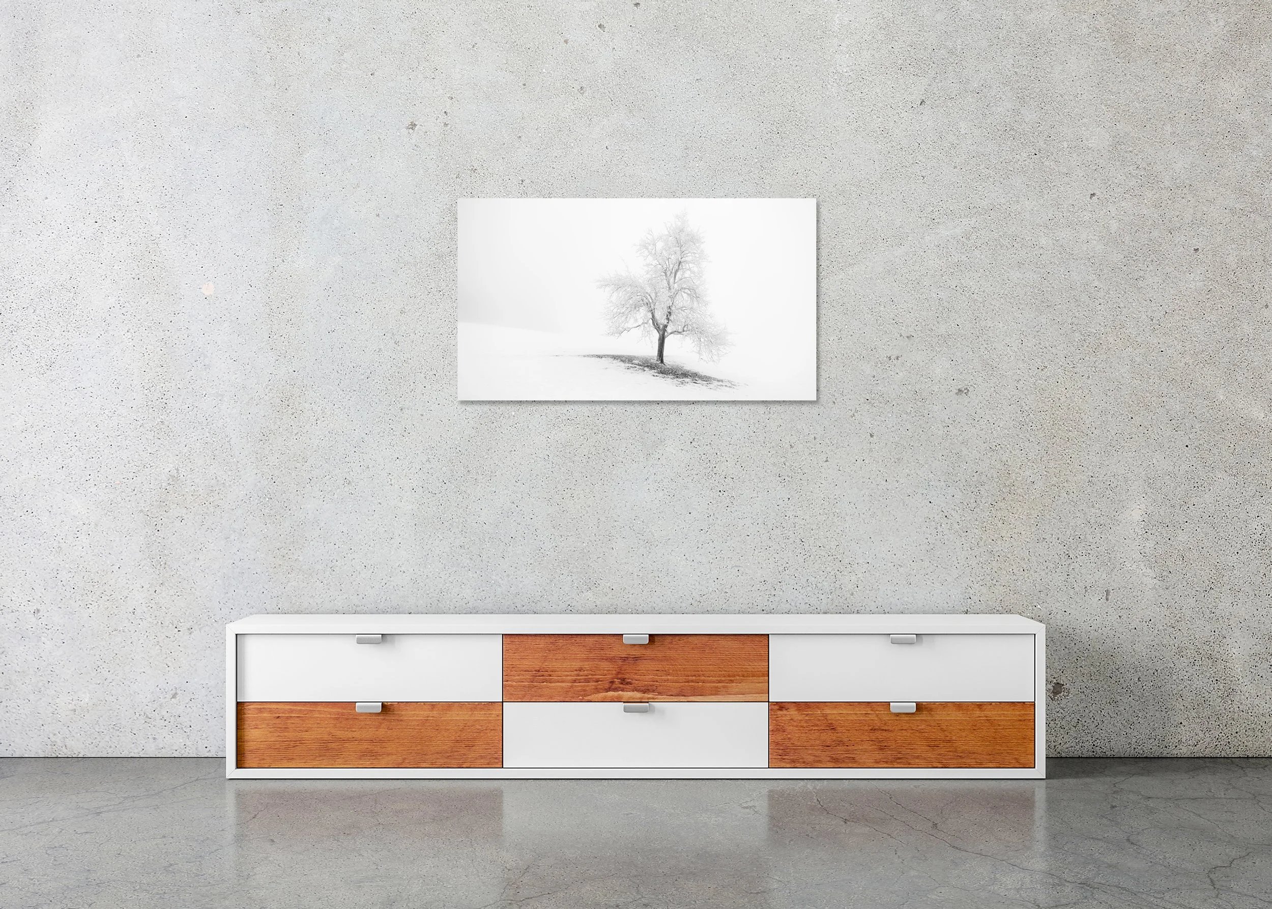 Frosted Winter Tree Panorama – Austria displayed as a frameless black-and-white photo print mounted to Dibond