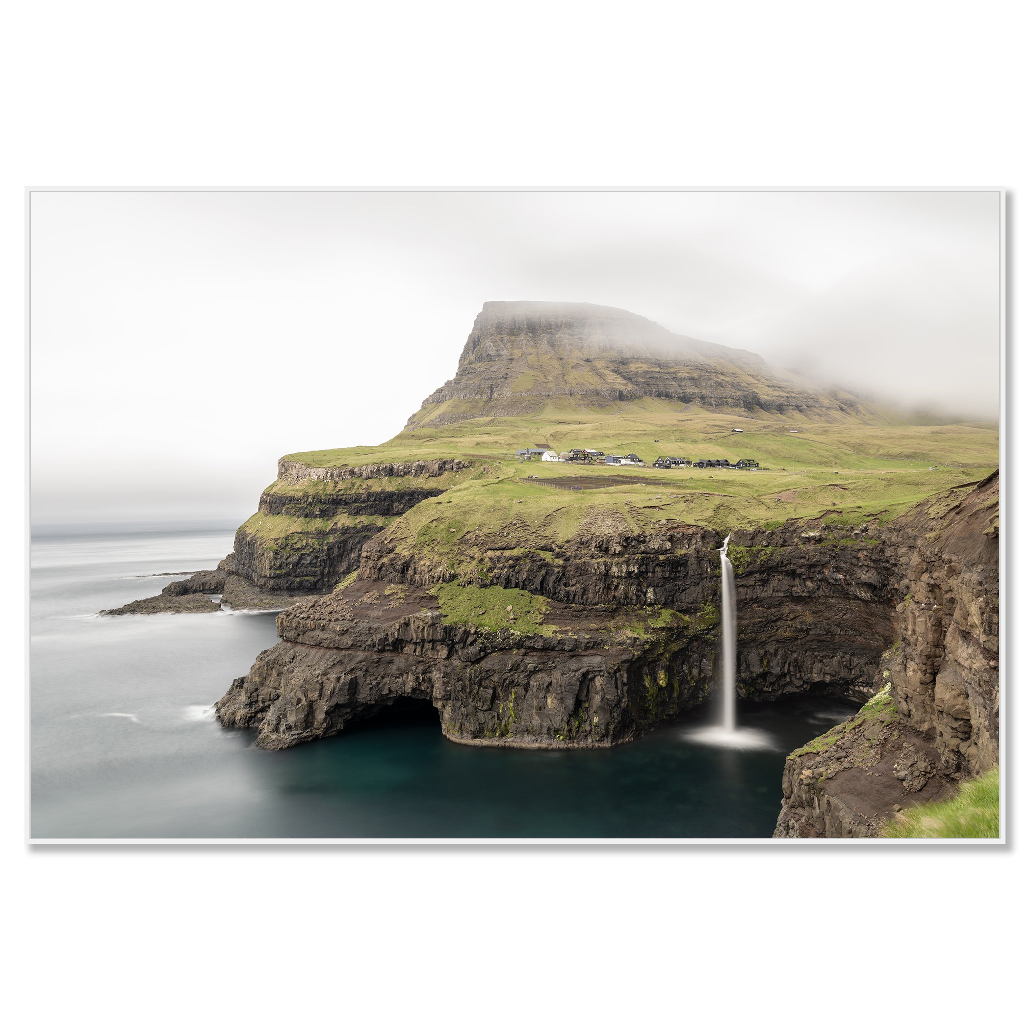 Múlafossur Waterfall Study 1 presented as a colour Dibond print in a white aluminium ArtBox frame by Gerald Berghammer.