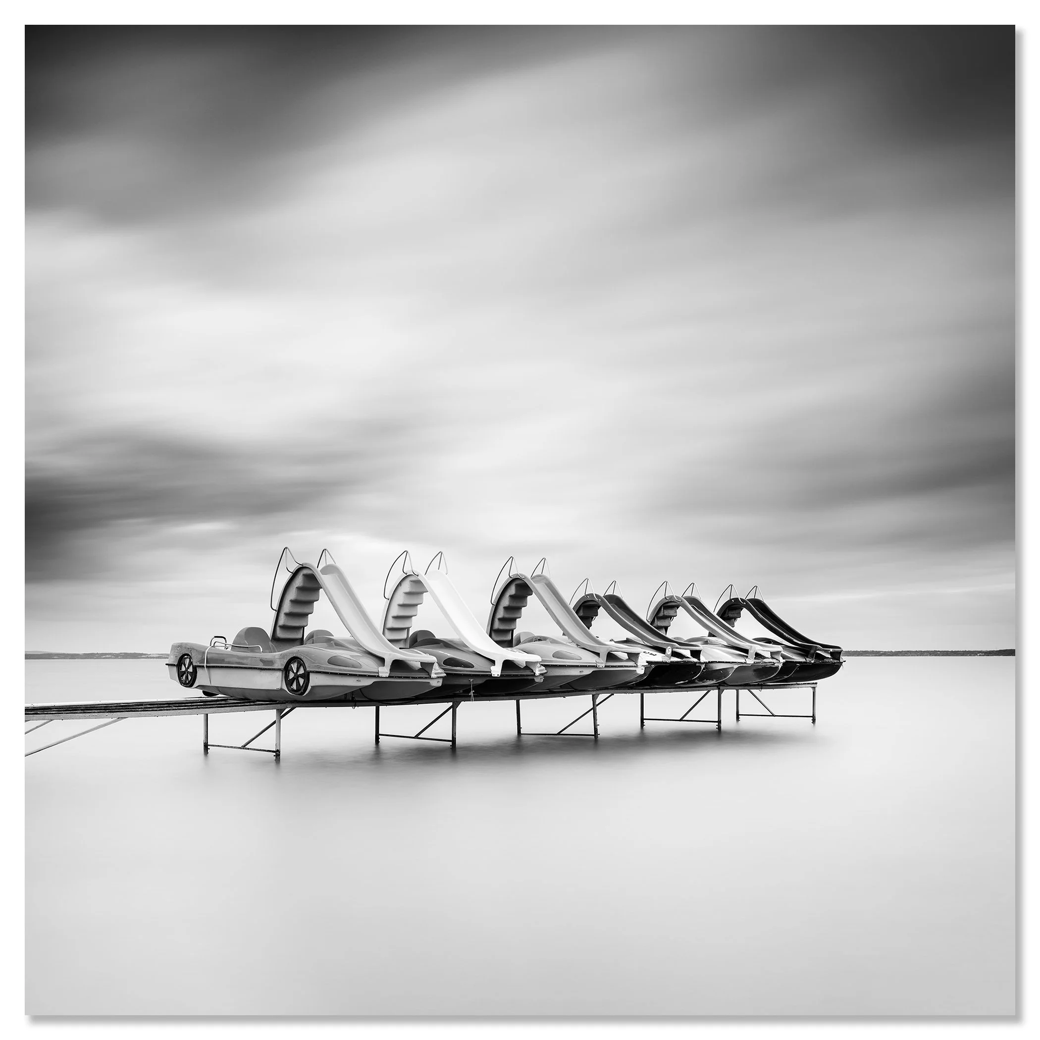 Pedal Boat Study 3 – Balaton, Hungary, black-and-white photo print mounted on frameless aluminium Dibond