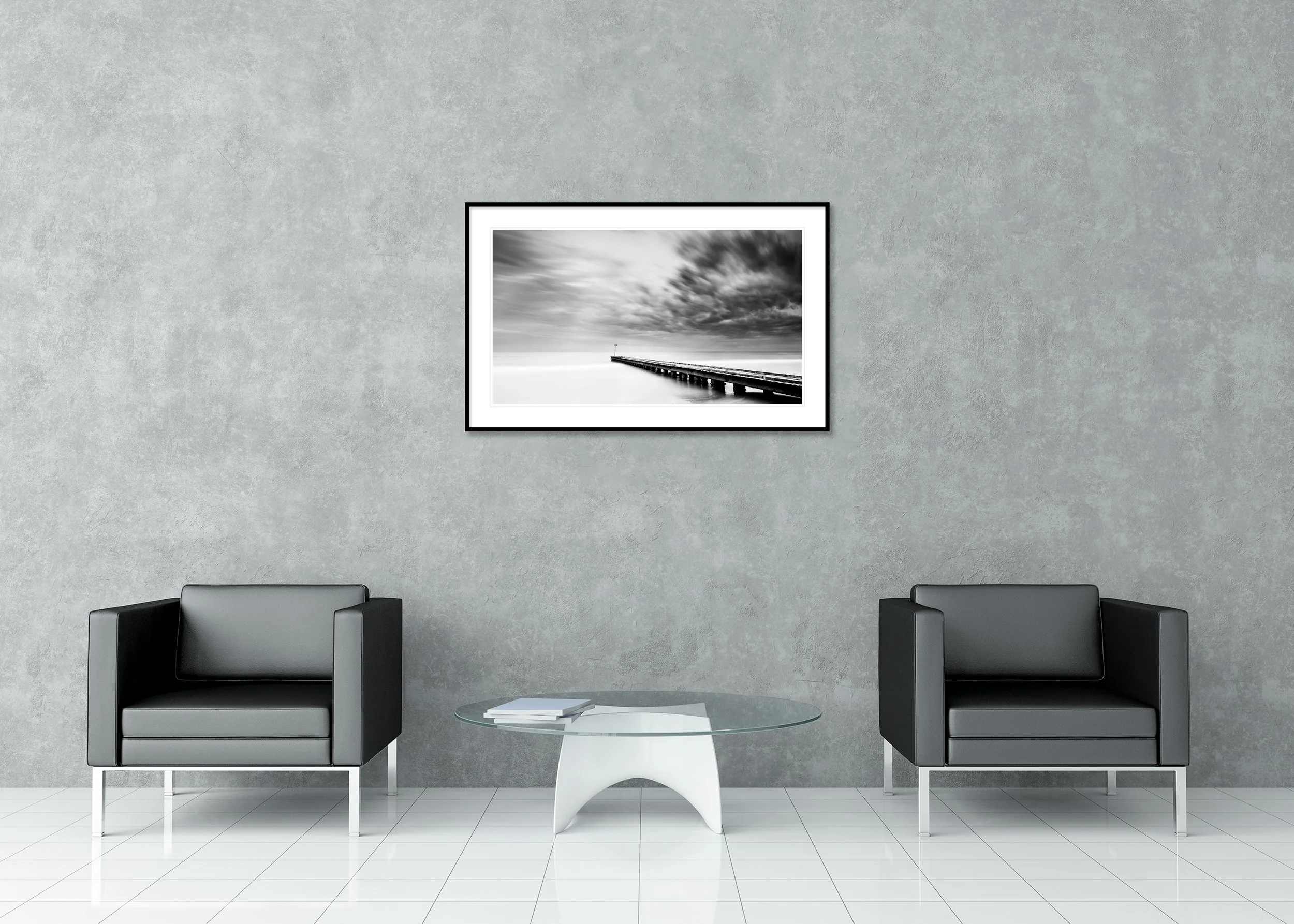 Stormy Adriatic Sea Panorama displayed in a modern interior as an archival pigment print in a black aluminium frame with a white mount by Gerald Berghammer.