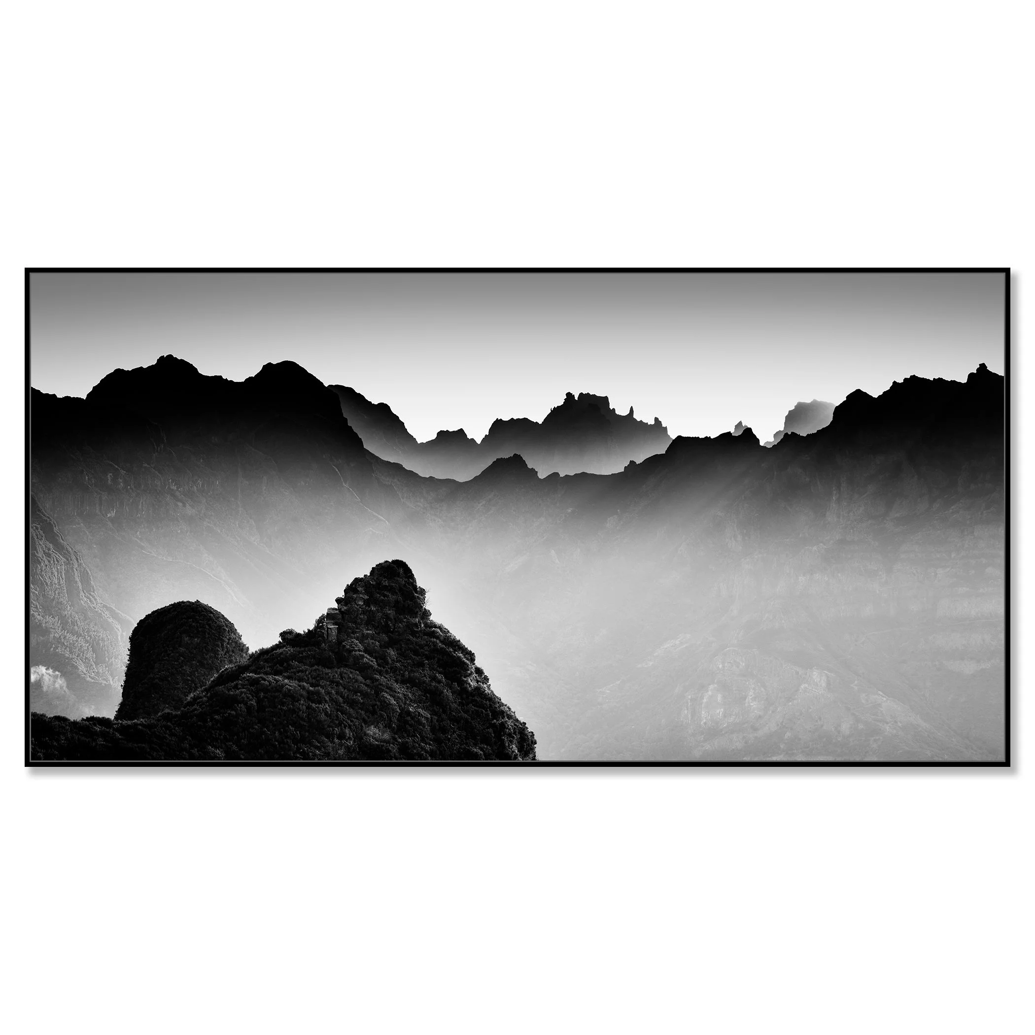 Morning Light in the Mountains, Study 3 – Portugal, black-and-white photograph in a black aluminium ArtBox frame.