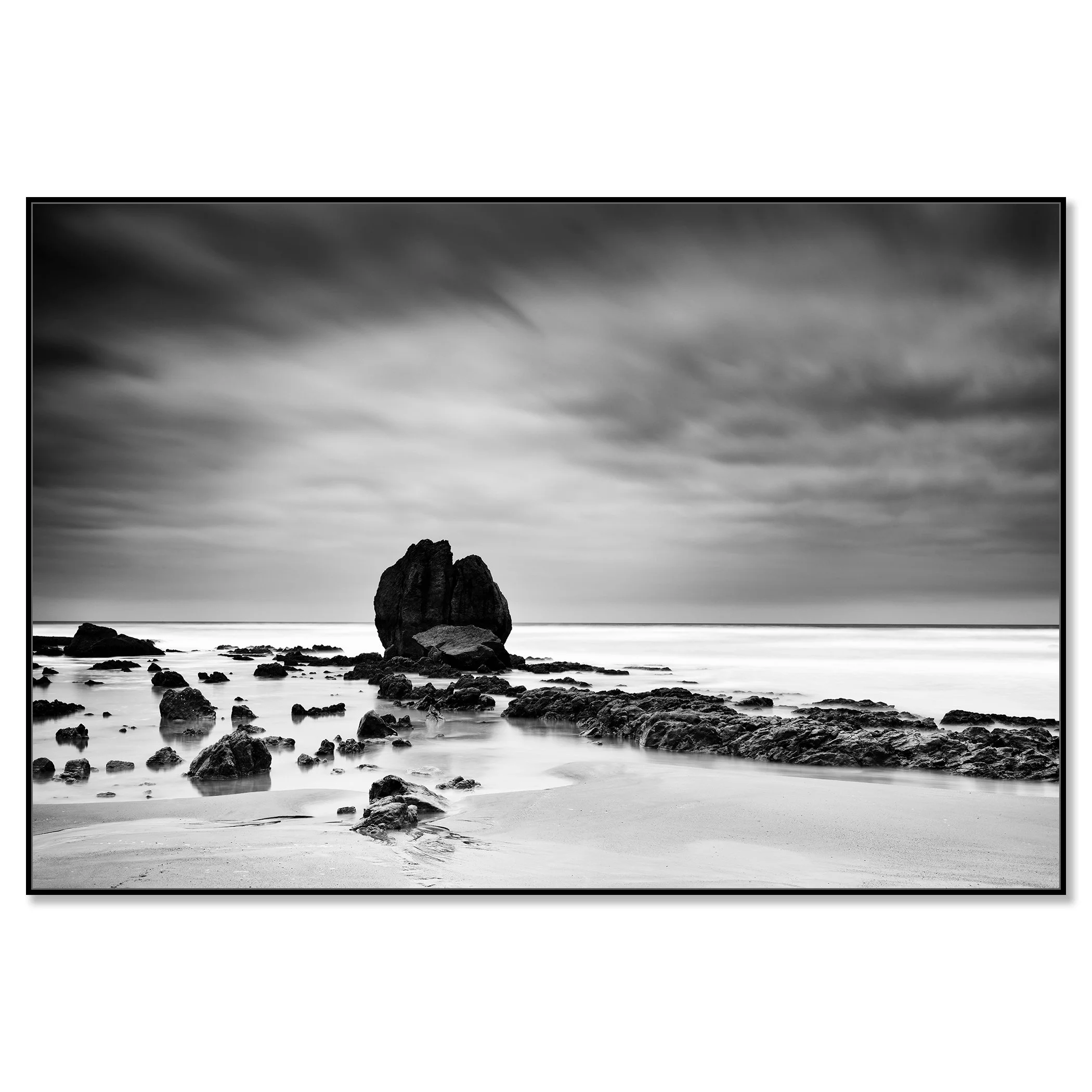 Rocks on the Shore Study 1 by Gerald Berghammer, black-and-white seascape photograph mounted on Dibond in a black aluminium ArtBox frame.