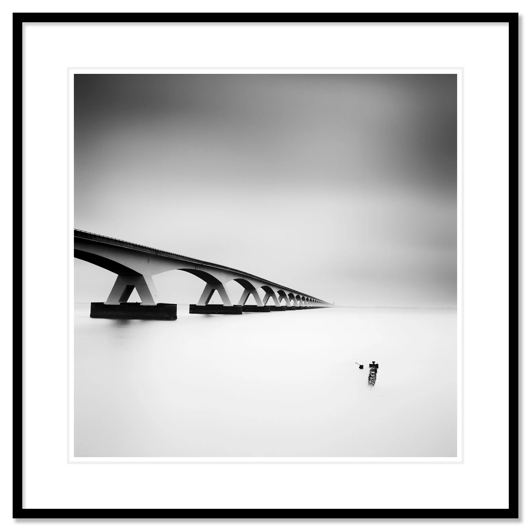 Zeeland Bridge Study 1 presented in a black aluminium frame with a white mount by Gerald Berghammer.