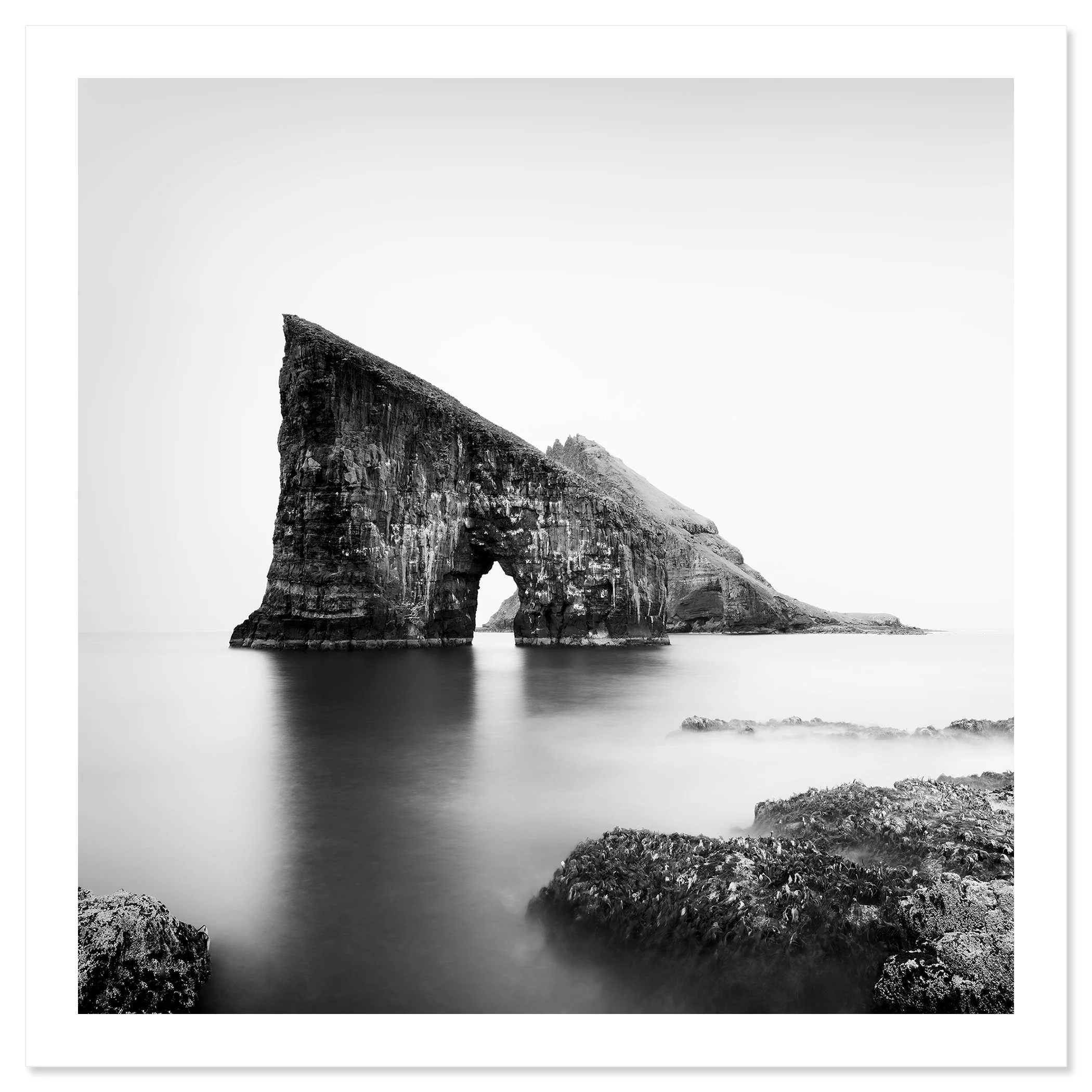 Drangarnir Sea Stacks Study 2 by Gerald Berghammer as a black-and-white fine art print.