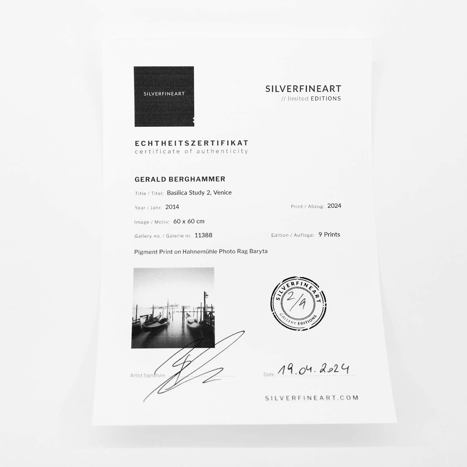 Certificate of Authenticity for Gerald Berghammer's Basilica Study 2, Venice, photographed in 2014 and printed in 2024, edition 2/9.