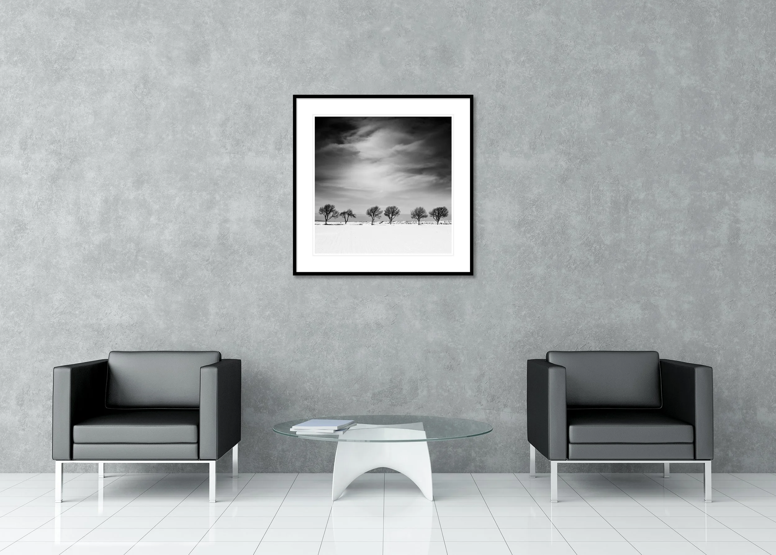 Black-and-white archival pigment print of Cherry Tree in Winter, Study 1, framed with a white mount in a modern lounge.