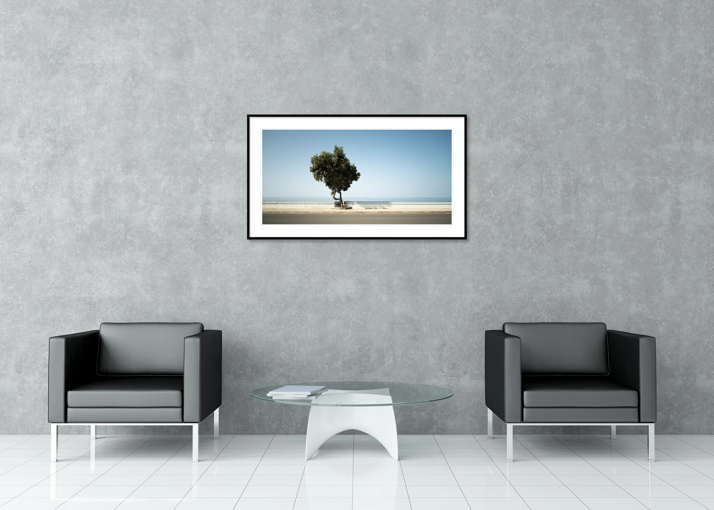 Solitary tree beside a quiet coastal road overlooking the calm blue sea, archival pigment print in a classic frame with a mount