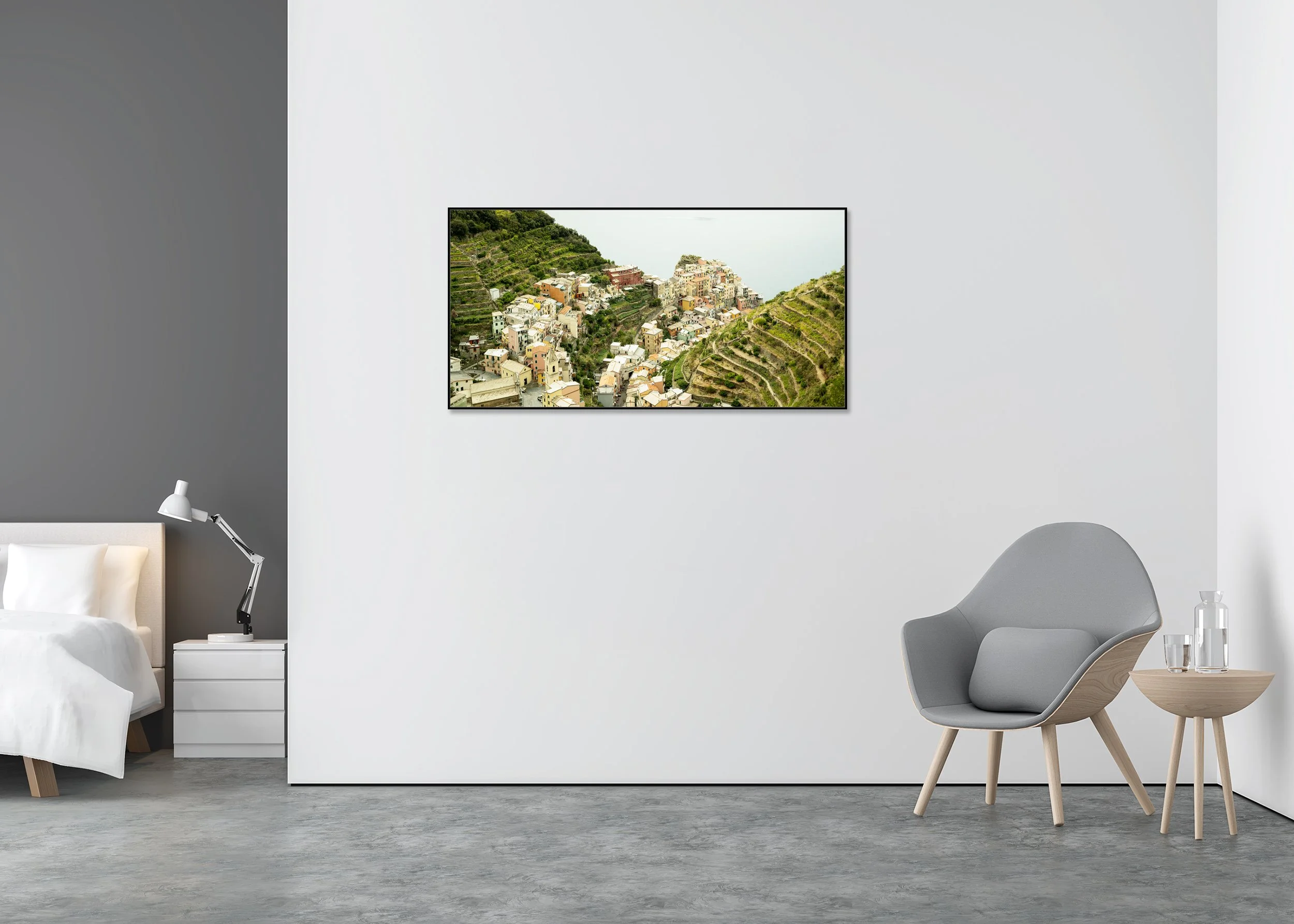 Picturesque Village Study 2 displayed in a modern interior as a colour Dibond print in a black aluminium ArtBox frame by Gerald Berghammer.