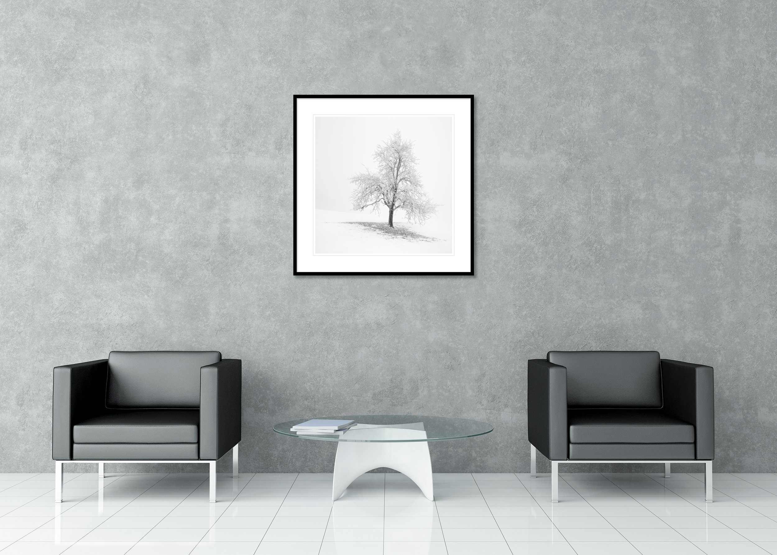 Frosted Winter Tree – Austria displayed in a modern lounge as an archival pigment print in a black aluminium frame with a white mount by Gerald Berghammer.