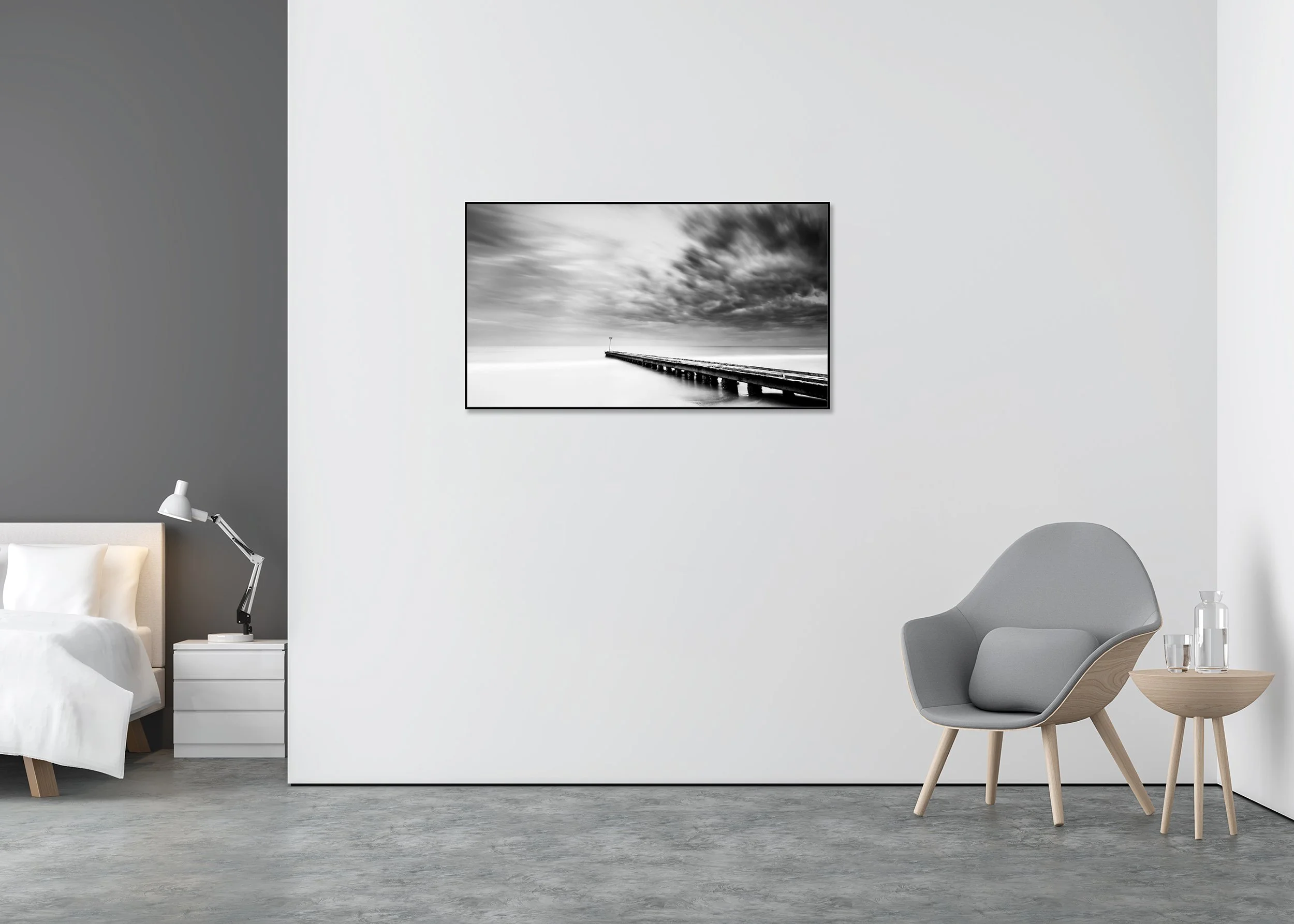 Stormy Adriatic Sea Panorama displayed in a modern interior, mounted on aluminium Dibond in a black ArtBox frame by Gerald Berghammer.