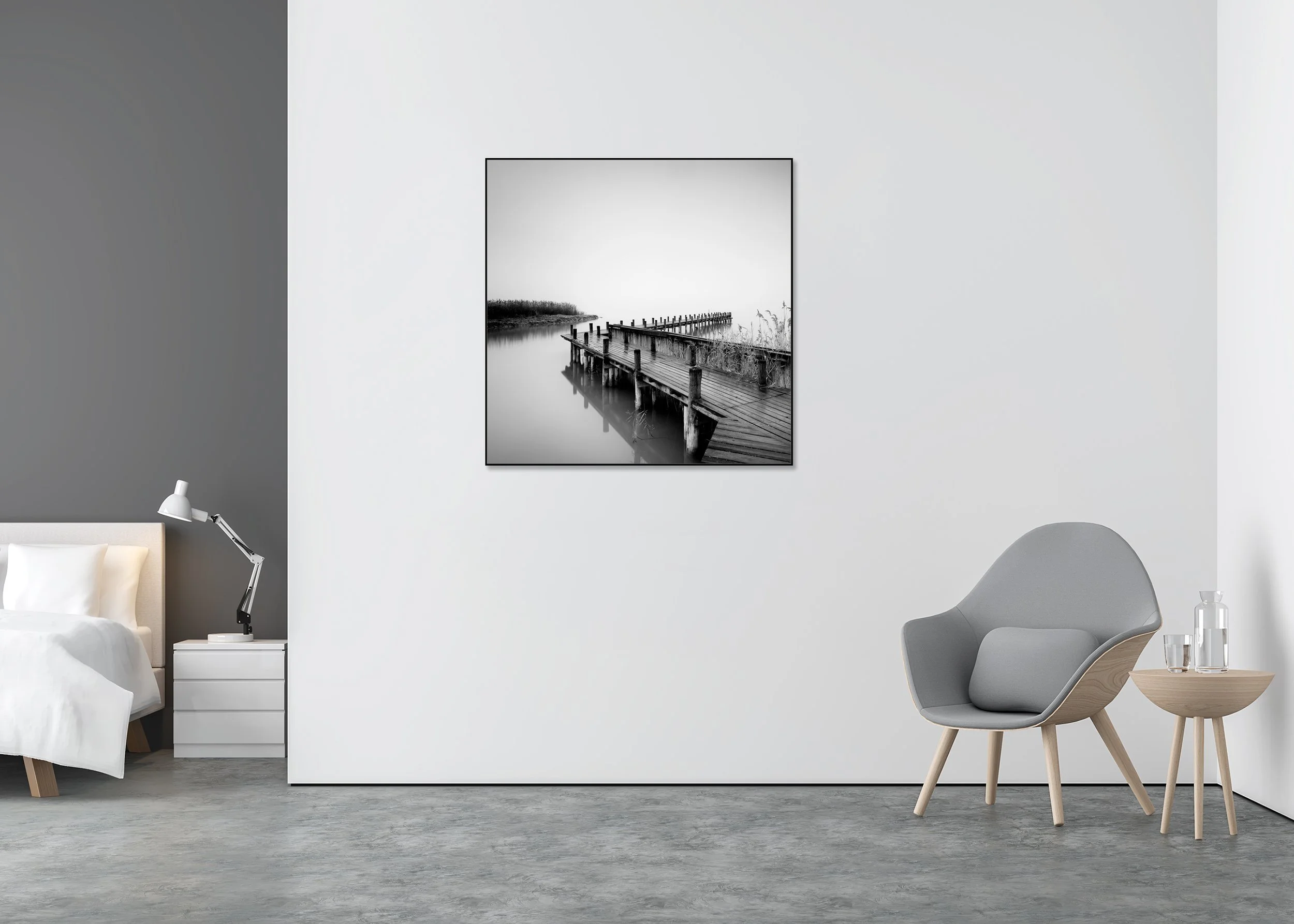 Black and white photo print of a wooden jetty over calm reflective water with a soft misty horizon, mounted to Dibond in an aluminium ArtBox
