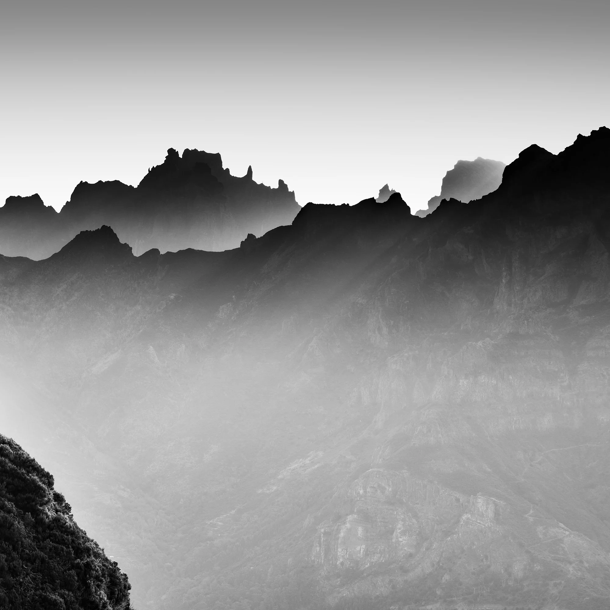 Detail view of Morning Light in the Mountains Study 3 by Gerald Berghammer showing layered mountain peaks and atmospheric mist.