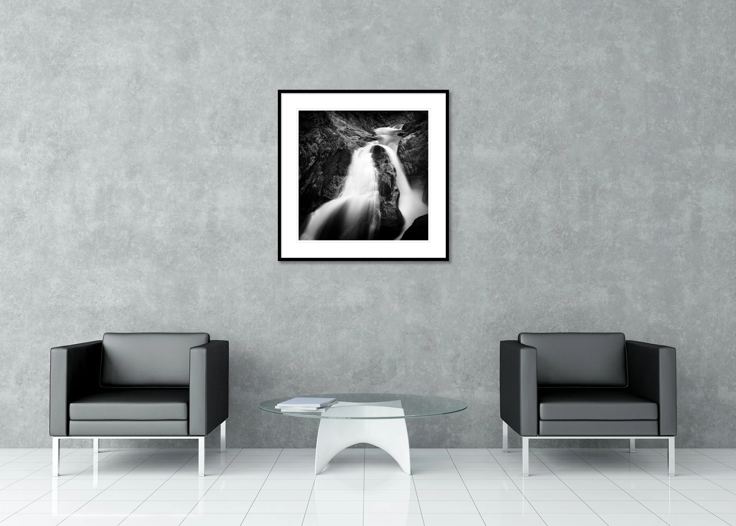 Krimmler Ache Study 1 displayed in a modern interior as an archival pigment print in a black aluminium frame with white mount by Gerald Berghammer.
