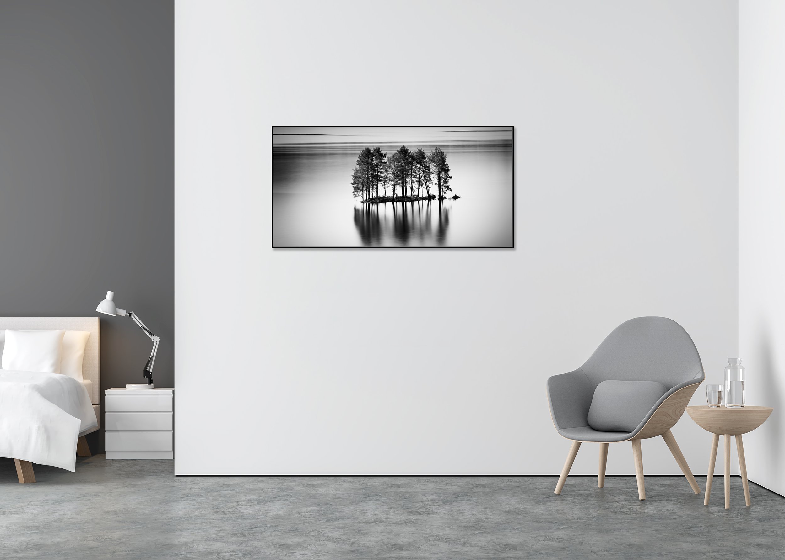 Black and white long exposure photo print of trees on a small island reflected in calm water, mounted to Dibond in an aluminium ArtBox