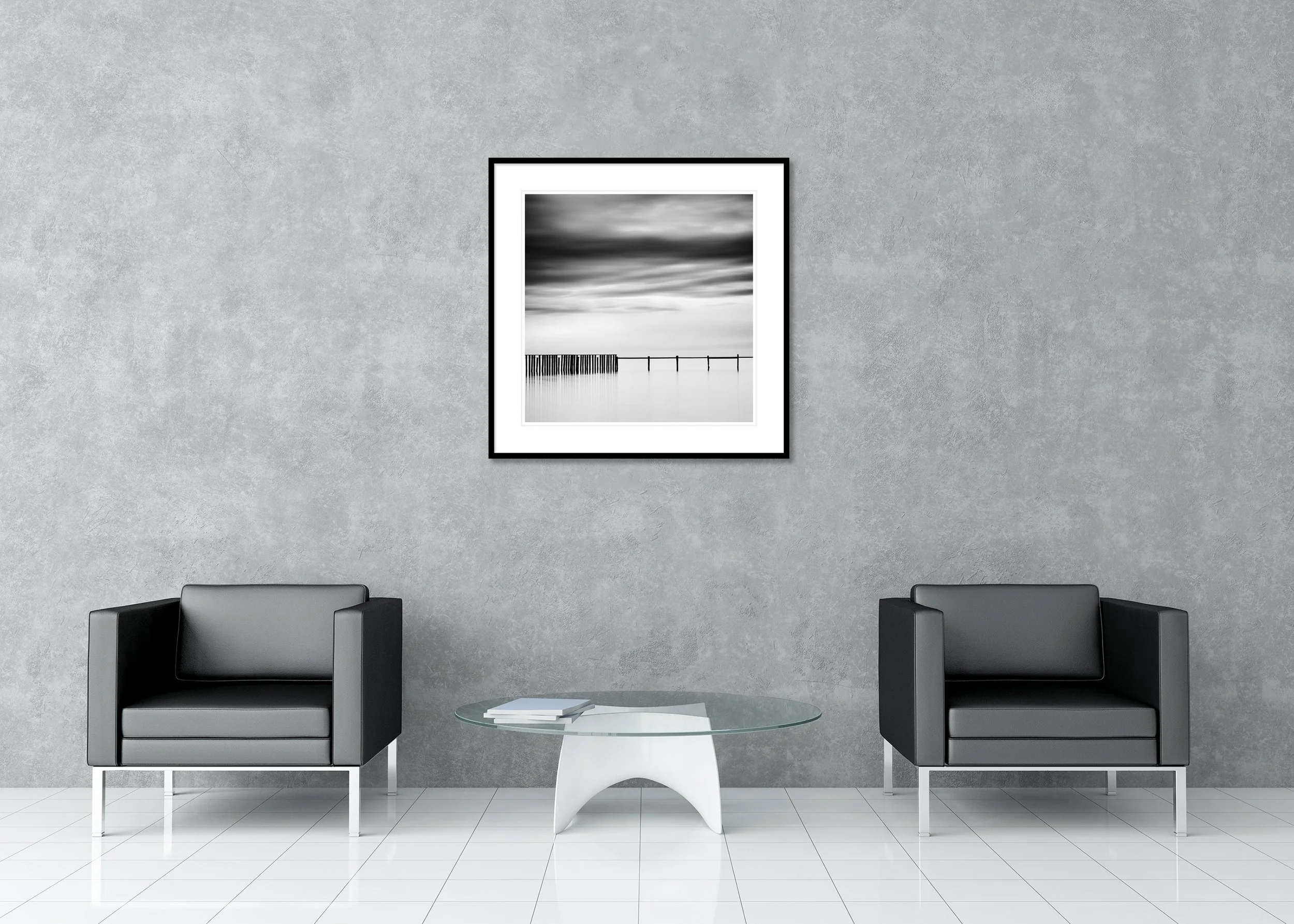 Swimming Area, Study 2 – archival pigment print in a black aluminium frame with a white mount displayed in a modern lounge.